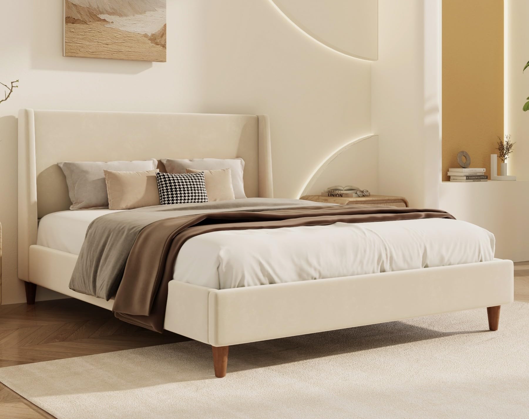 Merax Velvet Queen Size Bed Frame with Wingback Headboard, Solid Wood Upholstered Platform with Round Legs, No Box Spring Needed, Beige