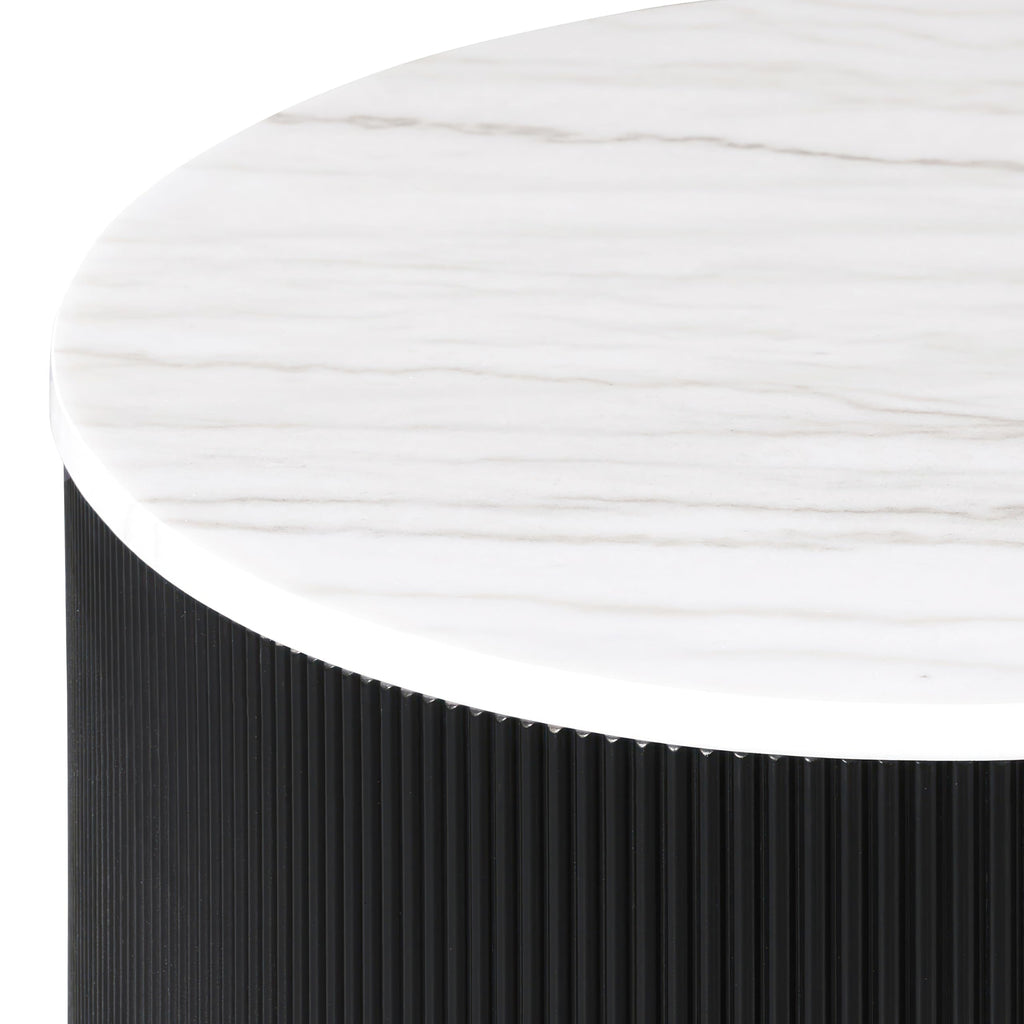 Furniture of America Beryl Modern Round White Genuine Marble Top Coffee Table with Fluted Pedestal Base and Gold Stainless Steel Accent, Low Profile Table for Living Room, Home Office, Black