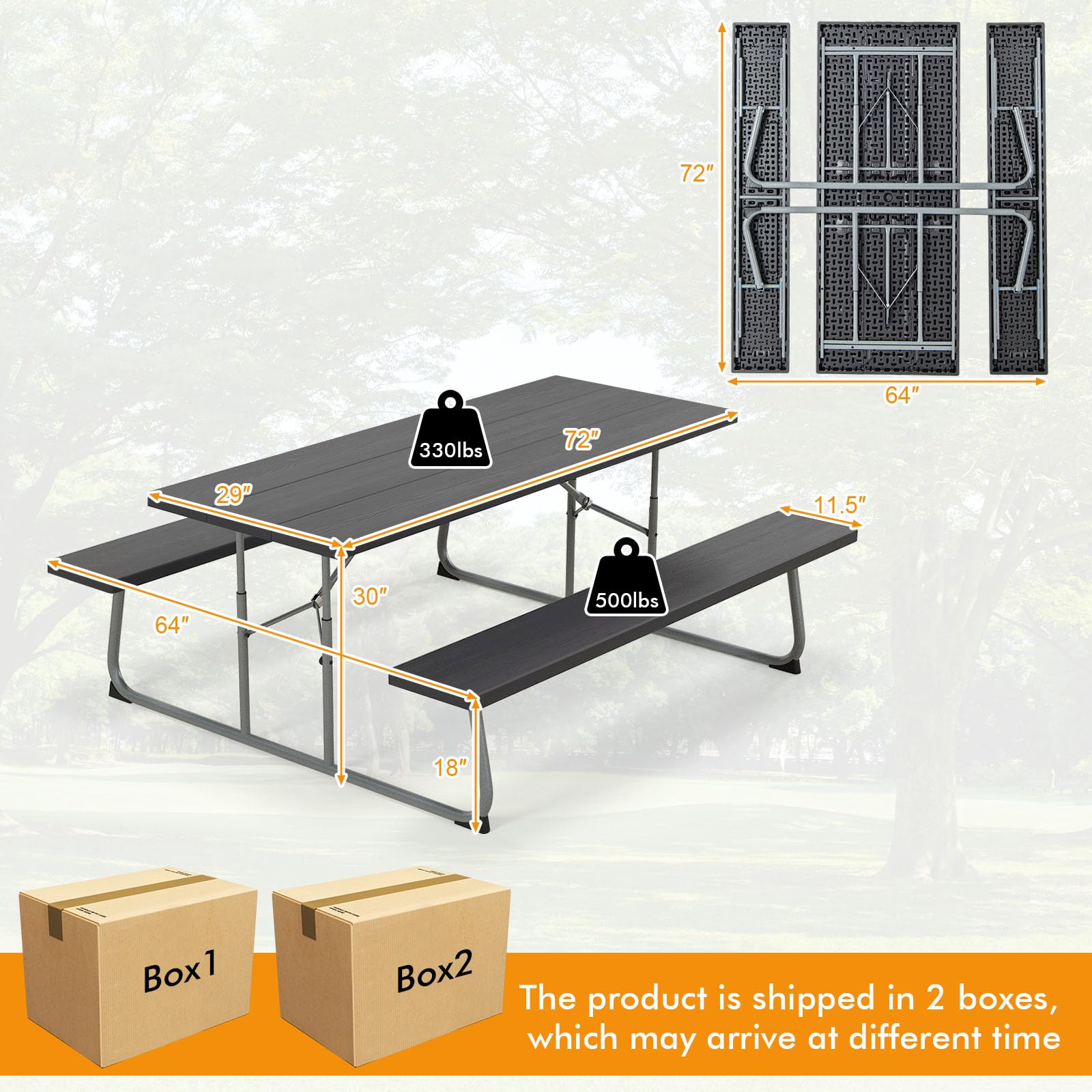 Tangkula 6 Ft Folding Picnic Table, Outdoor 8 Person Large Picnic Table Set with 2 Built-in Benches, Umbrella Hole, Metal Frame & HDPE Tabletop for Garden, Backyard (Black)