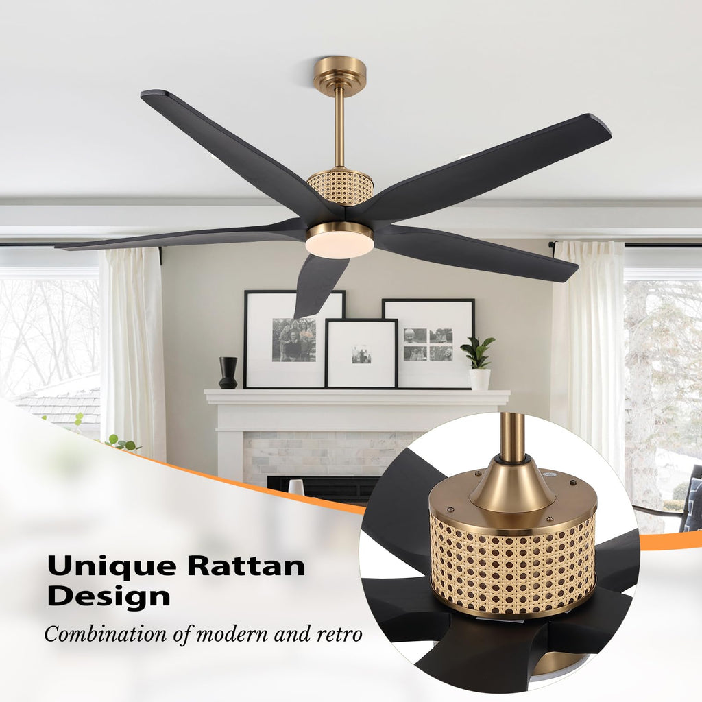 LEDLUX 60" Ceiling Fan with Light – Remote Control, Solid Wood, 6-Speed, Quiet Reversible DC Motor, Black/Gold Finish, 4.5"/12" Downrods, Noiseless Large Ceiling Fan for Bedroom, Living Room, Porch