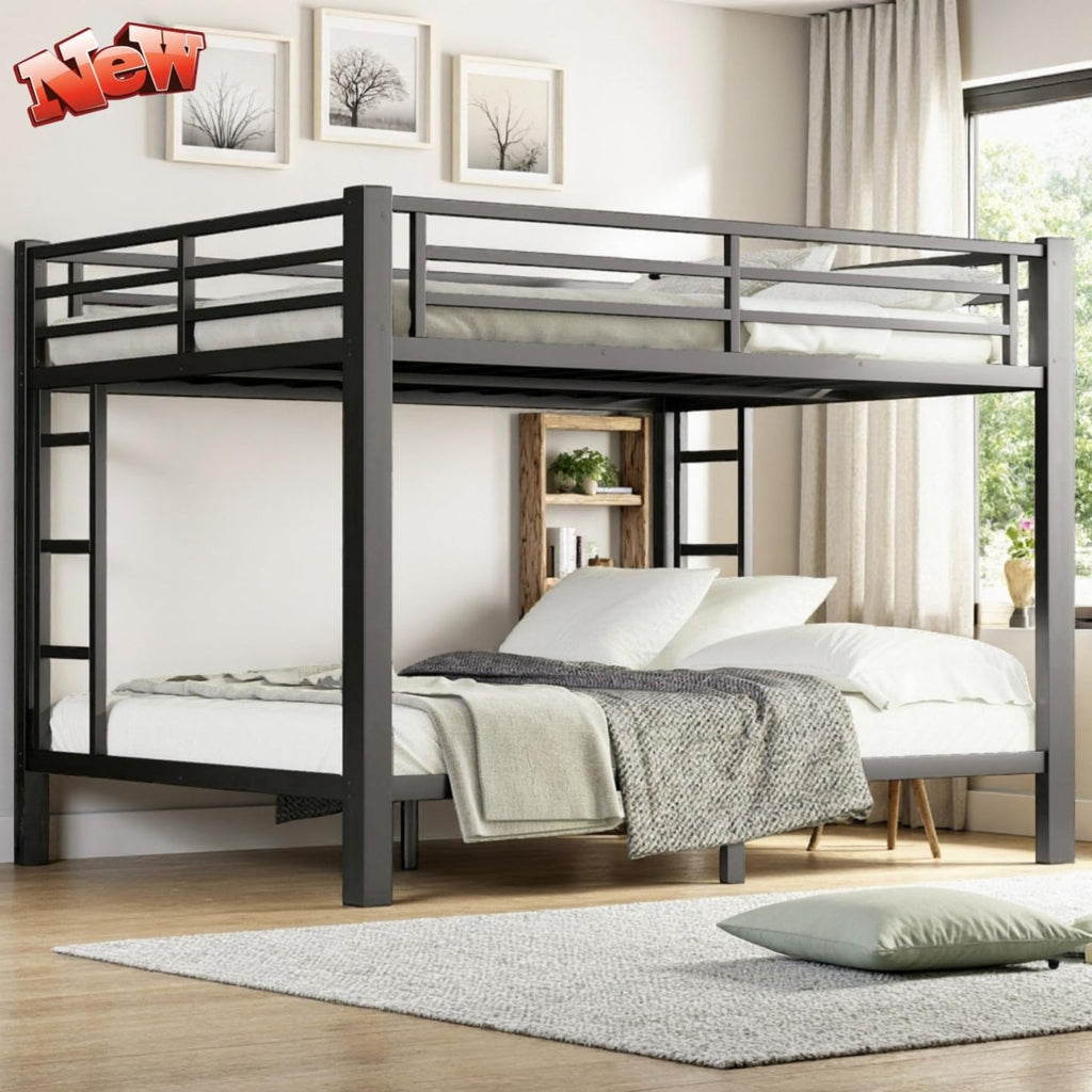 SICONE Stronger & Upgraded Heavy Duty Metal Bunk Bed Frame Queen Over Queen Size, Safer Thickened More Stable Steel Bunkbed (Black,Queen Over Queen)