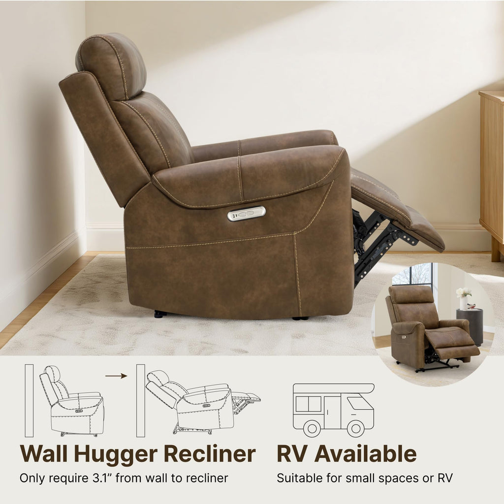KISLOT Leather Recliner Chair for Adults Wall Hugger RV Recliner with USB Charging Ports Electric Power Reclining Sofa for Living Room Home Theater Seating Bedroom