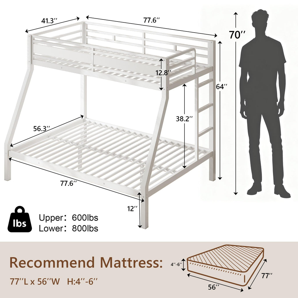 Feonase Bunk Beds Twin Over Full Size, Heavy Duty Metal Bunk Beds with Safety Guardrail & Ladders, Steel Loft Bed Frame for Teens and Adults, Apartment or Dorm, Noise Free & Easy Assembly, White
