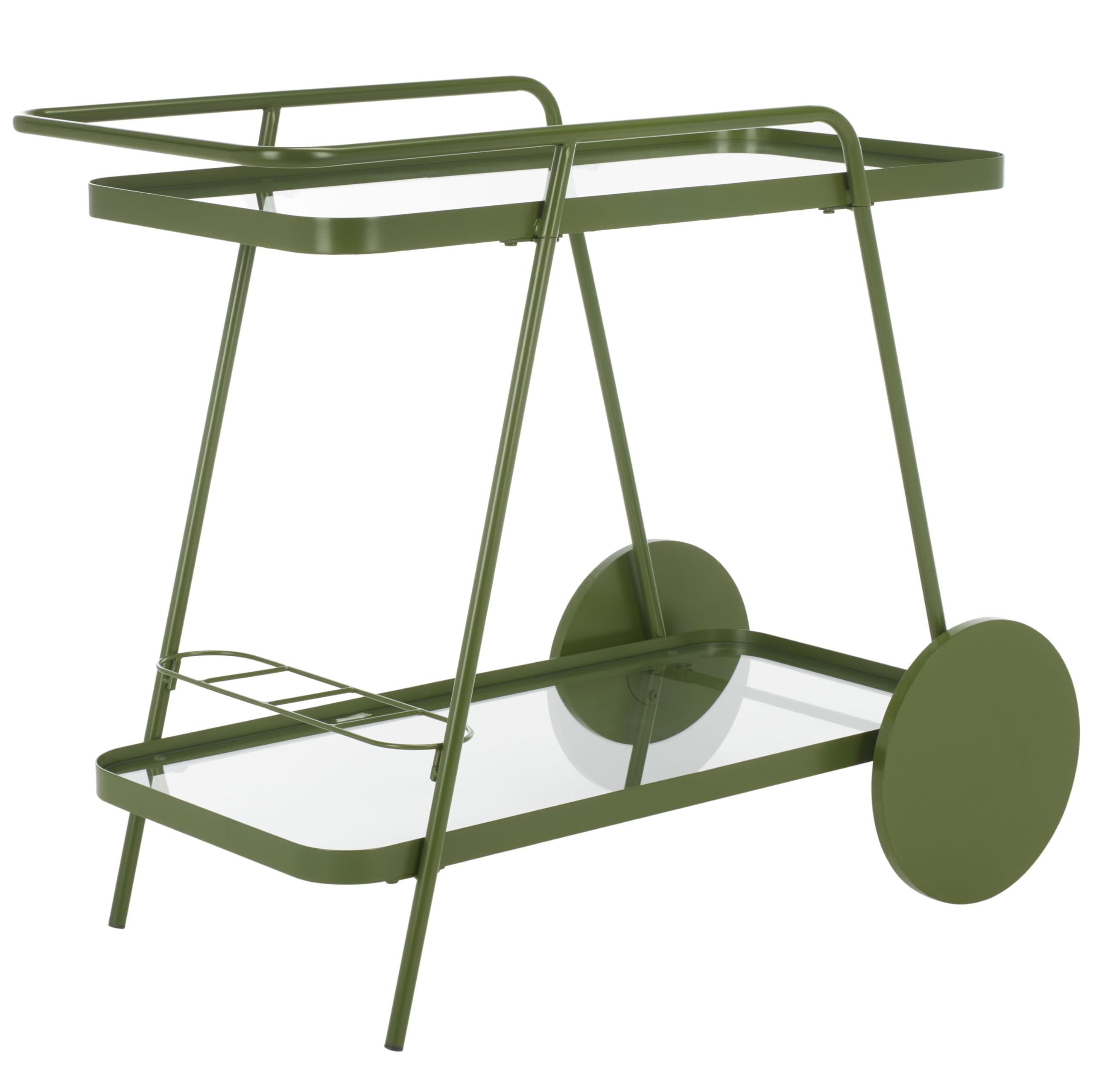 SAFAVIEH Home Collection Zunia Green/Clear Glass 2-Tier Bar Cart with Wheels