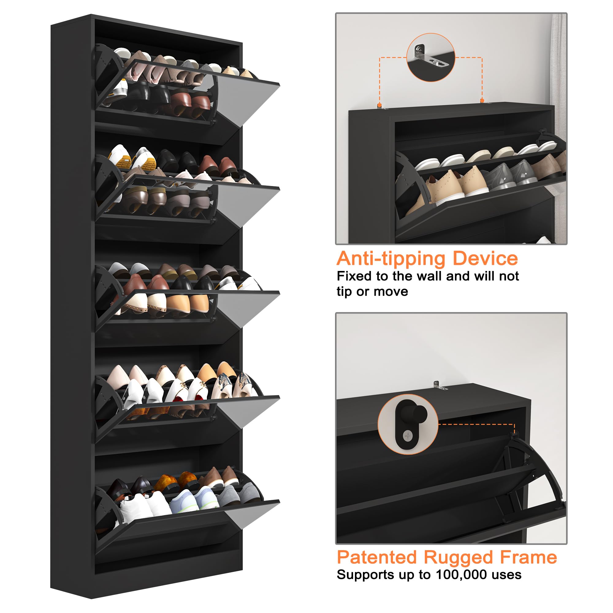 Organizedlife Shoe Storage Cabinet with Full Length Mirror, 30 Pairs & 5 Flip Drawer, Free Standing Shoe Rack Cabinet, Narrow Shoes Organizer for Front Door, Entryway (2-Shelf of Drawers, Black)