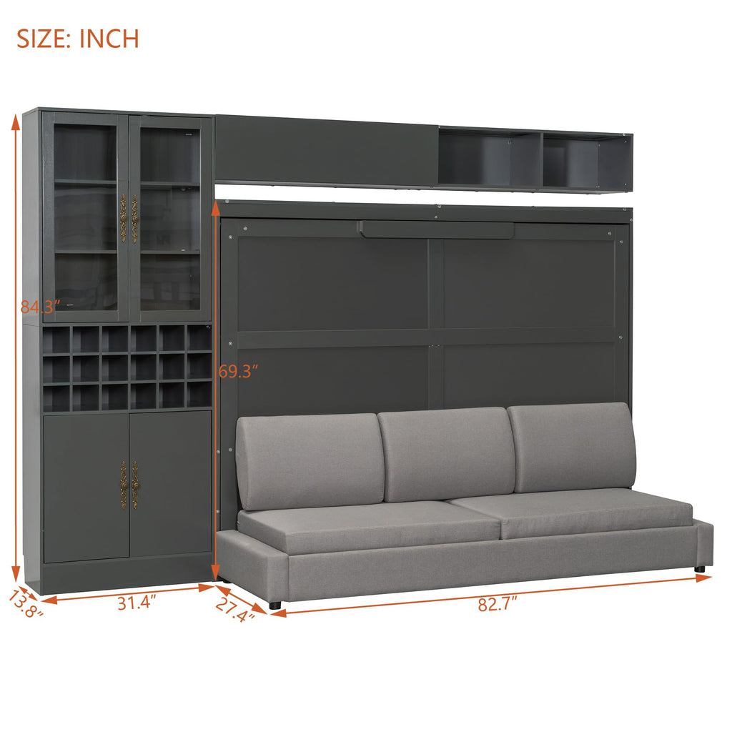 Merax Queen Size Murphy Bed Wall Bed with Sofa, Shelves, USB & Light - Space Saving Foldable Bed for Small Apartments, Grey
