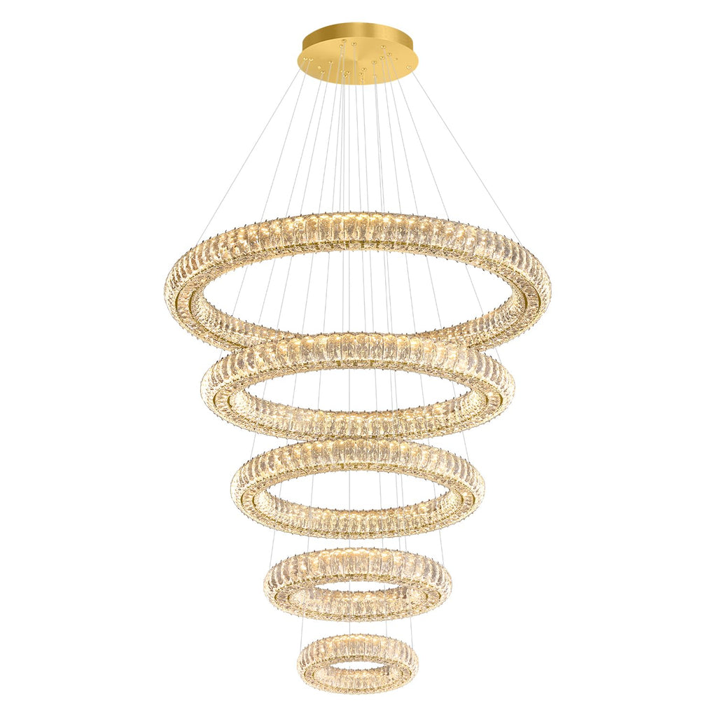 IDEQUY Large Gold Ring Chandelier for High Ceiling Modern Long Crystal Chandelier Lighting, Dimmable LED Ceiling Chandeliers,5 Ring D8‘’+15.7‘’+23.6‘’+31.5‘’+39.4''