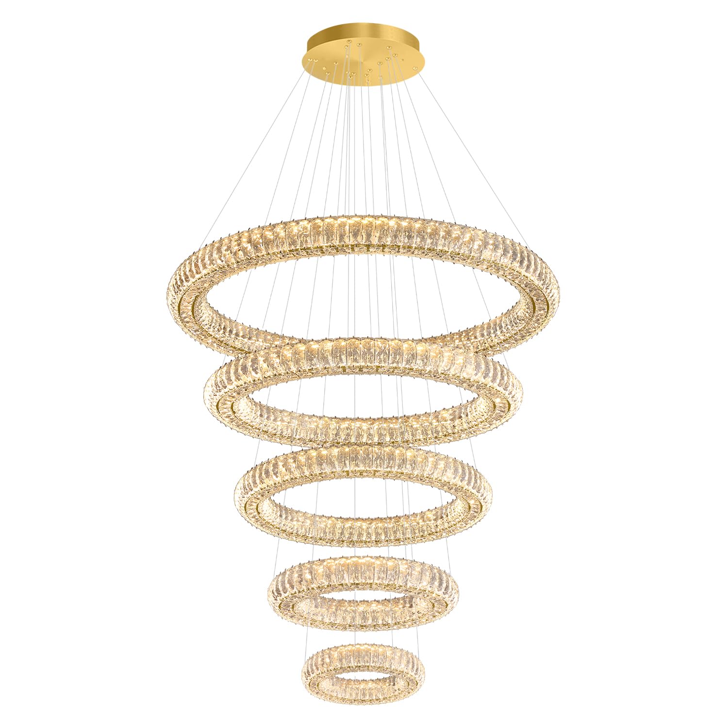 IDEQUY Large Gold Ring Chandelier for High Ceiling Modern Long Crystal Chandelier Lighting, Dimmable LED Ceiling Chandeliers,5 Ring D8‘’+15.7‘’+23.6‘’+31.5‘’+39.4''