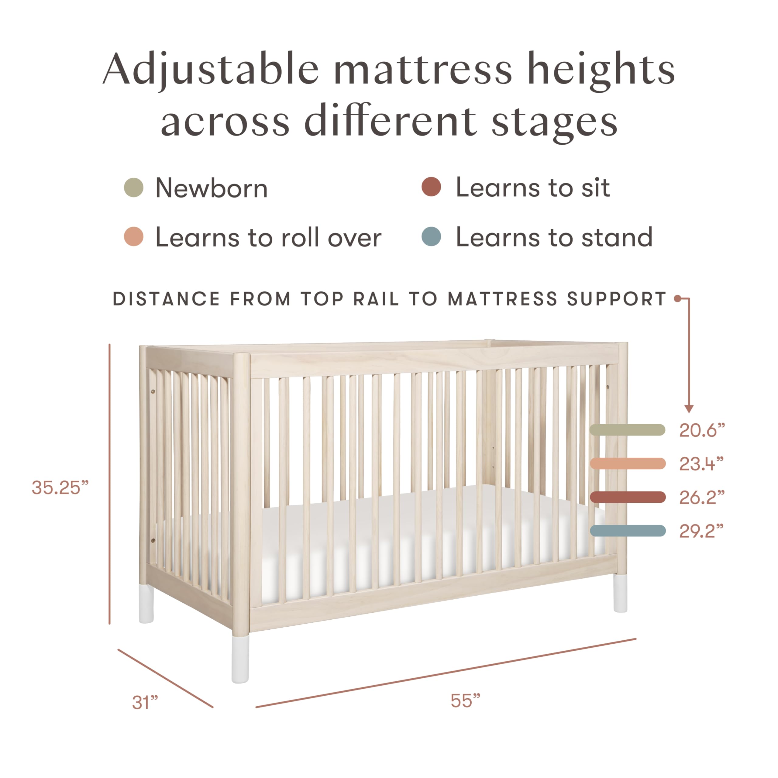 Babyletto Gelato 4-in-1 Convertible Baby Crib with Wooden Toddler Bed, Daybed & Full-Size Bed Conversion - GREENGUARD Gold Certified - 4 Adjustable Mattress Heights - Washed Natural & White