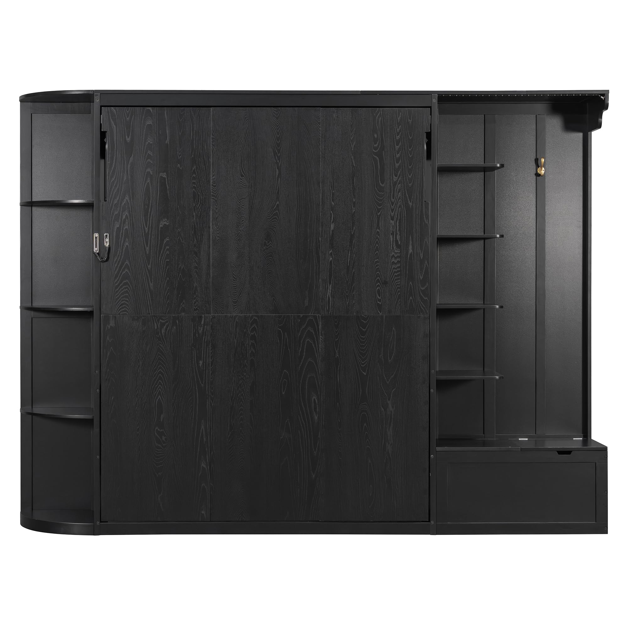 Merax Queen Size Murphy Bed with Storage and Lights, Hidden Fold-Out Legs, Foldable Murphy Cabinet Bed with Hook, Built-in Shelves & Cabinets, Wood Space-Saving Wall Bed for Guest Room Office, Black