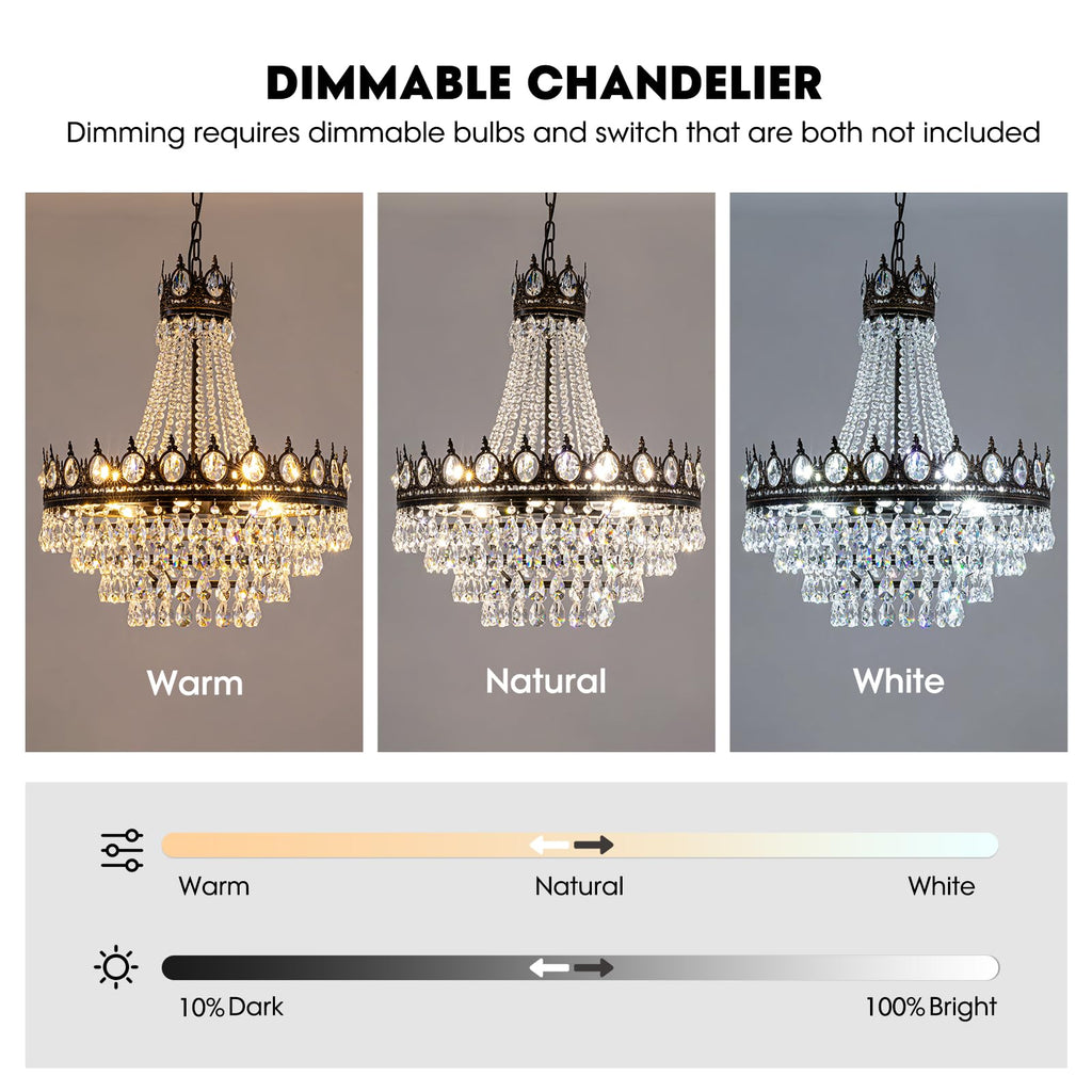 7PM French Empire Crystal Chandeliers, Vintage Crystal Chandelier, Antique Bronze Chandelier, Rustic Farmhouse Ceiling Light Fixture for Dining Room Bedroom Living Room Kitchen Foyer, W 24"