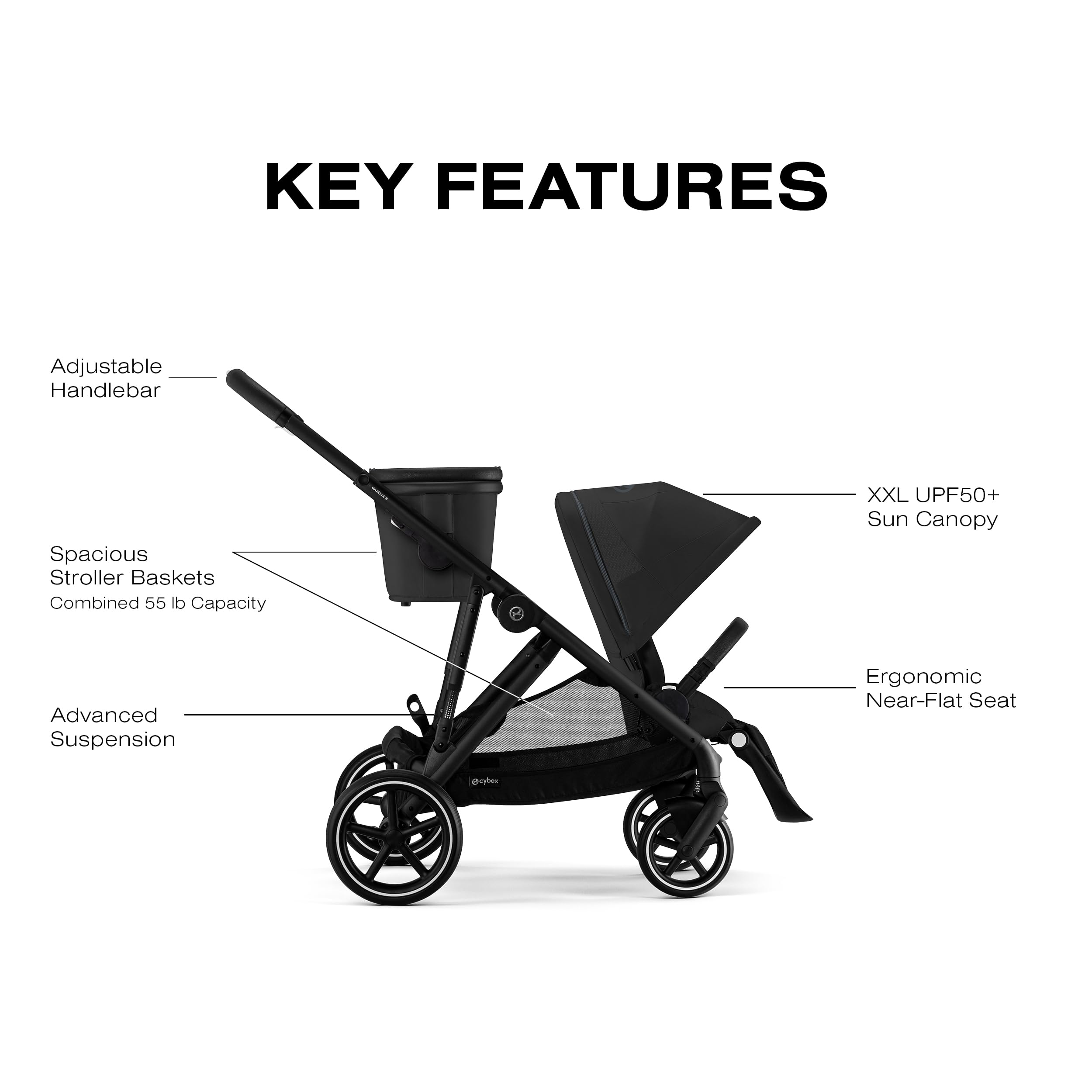 Cybex Gazelle S All-in-One Toddler and Baby Stroller with Over 20 Modular Configurations, Ergonomic Near-Flat Recline, Shopper Basket, and Compact Fold, Moon Black, Black Frame