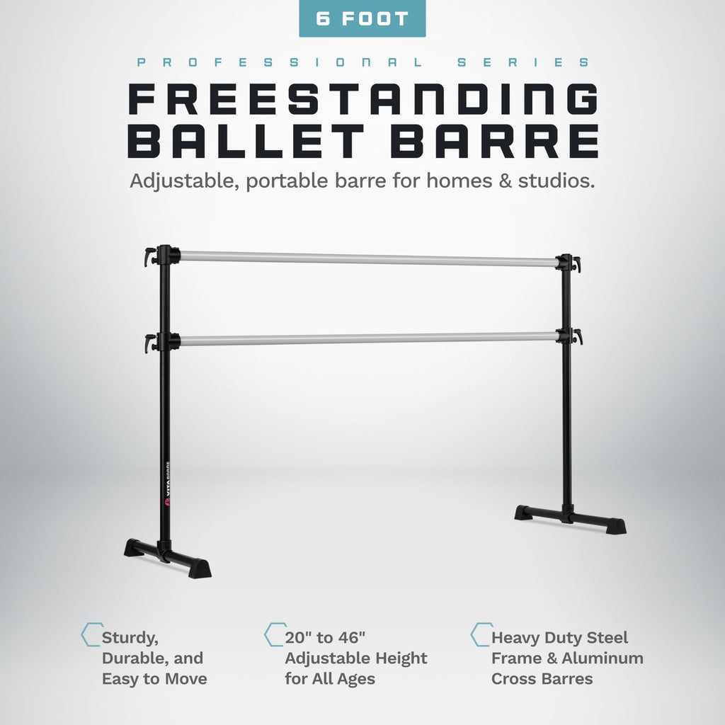 VITA Barre Portable Freestanding Double Ballet Barre, Professional, 6 Ft Bars, Black, Aluminum | Adjustable Height, Made in USA, Home or Gym Exercise Equipment for All Ages | Dance, Fitness, Pilates
