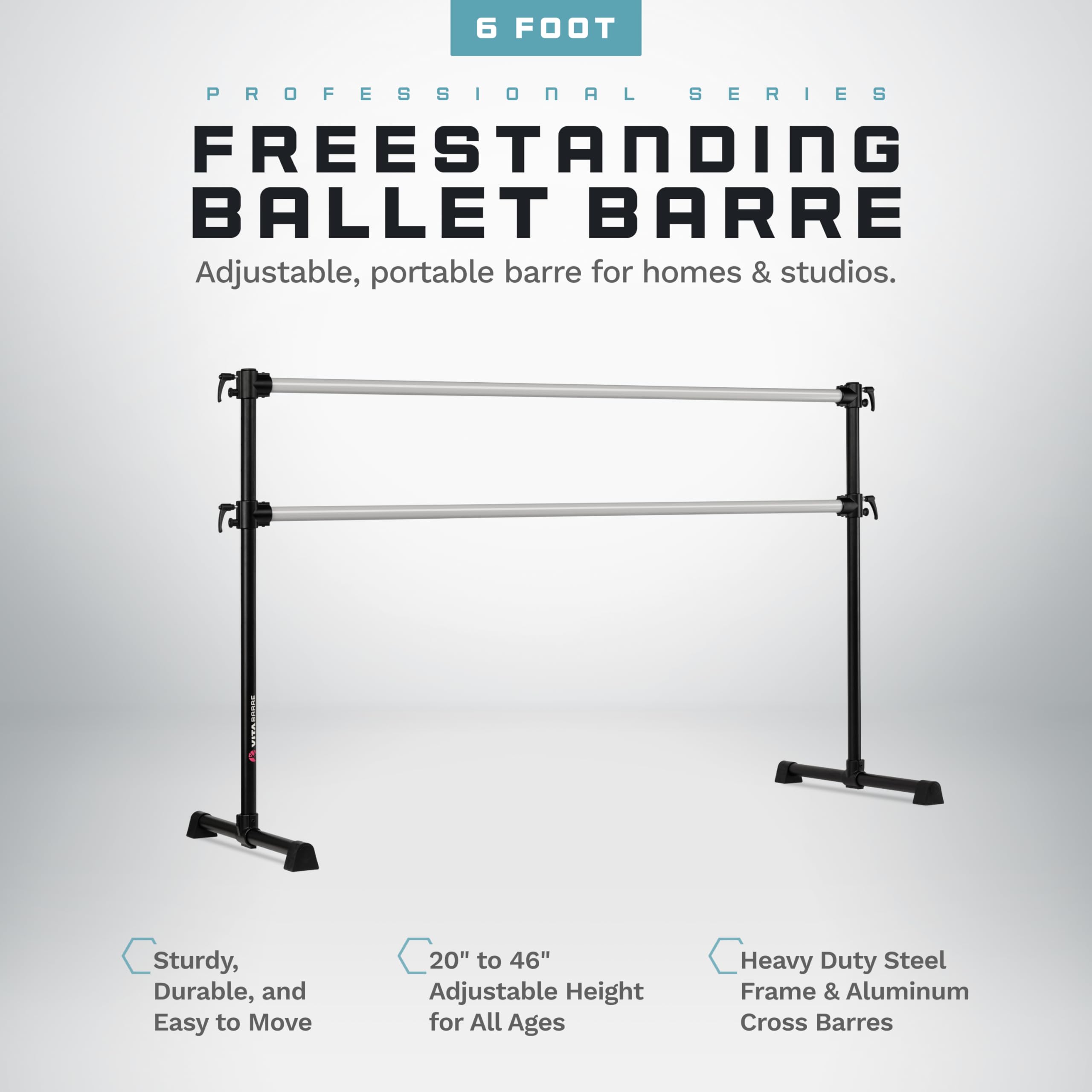 VITA Barre Portable Freestanding Double Ballet Barre, Professional, 6 Ft Bars, Black, Aluminum | Adjustable Height, Made in USA, Home or Gym Exercise Equipment for All Ages | Dance, Fitness, Pilates
