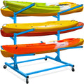 Indoor Outdoor Kayak Storage Rack with Lockable Wheels, Heavy Duty Adjustable Metal Stand for 6 Kayaks, Canoe, Paddle Board, SUP, Surfboard, Movable Metal Kayak Stand for Garage and Outdoor Storage