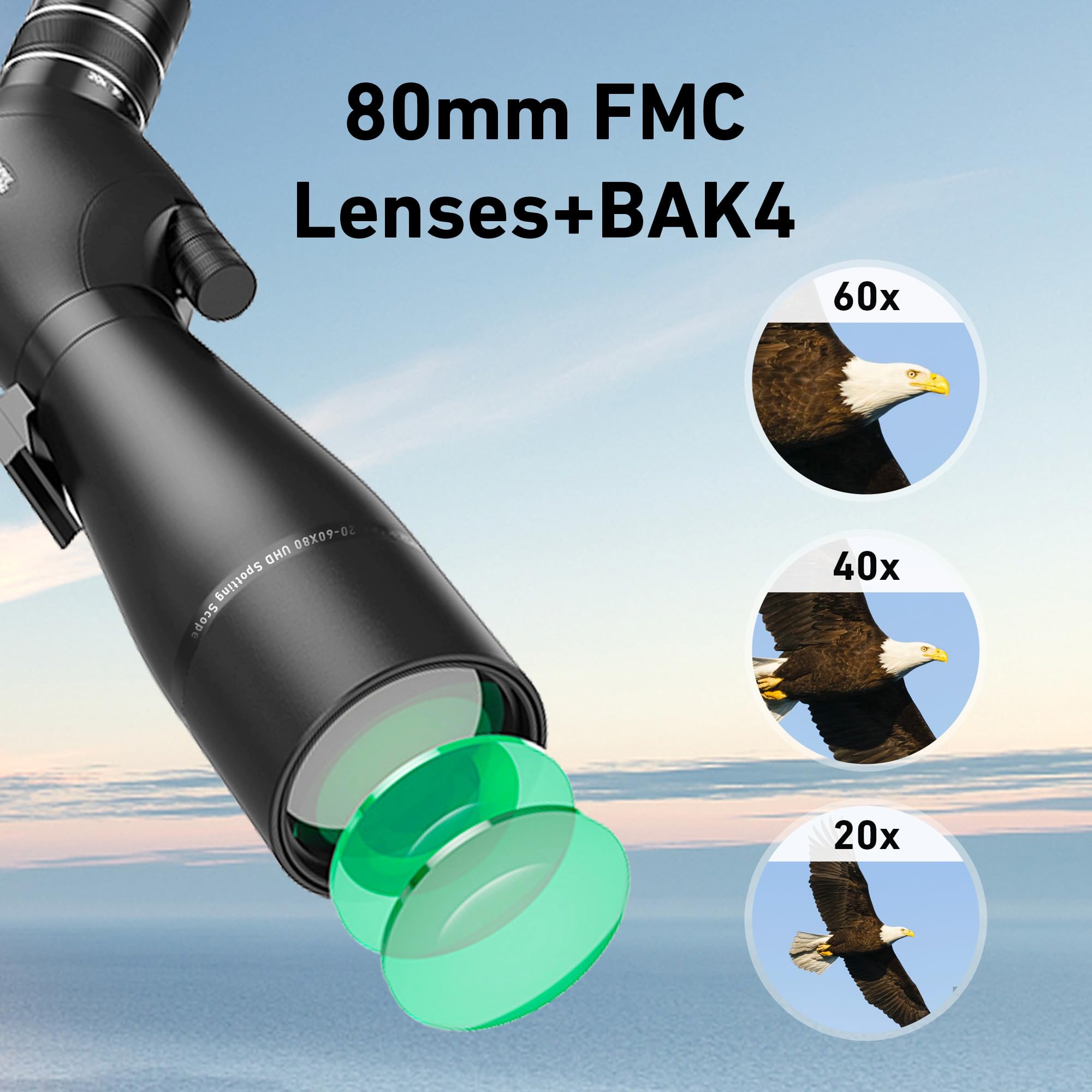 Spotting Scope 20-60x80, Dual Focusing ED Spotting Scopes, FMC Lens, BAK4 Ultra High Definition Spotter Scope with Tripod, Phone Holder, Carrying Bag