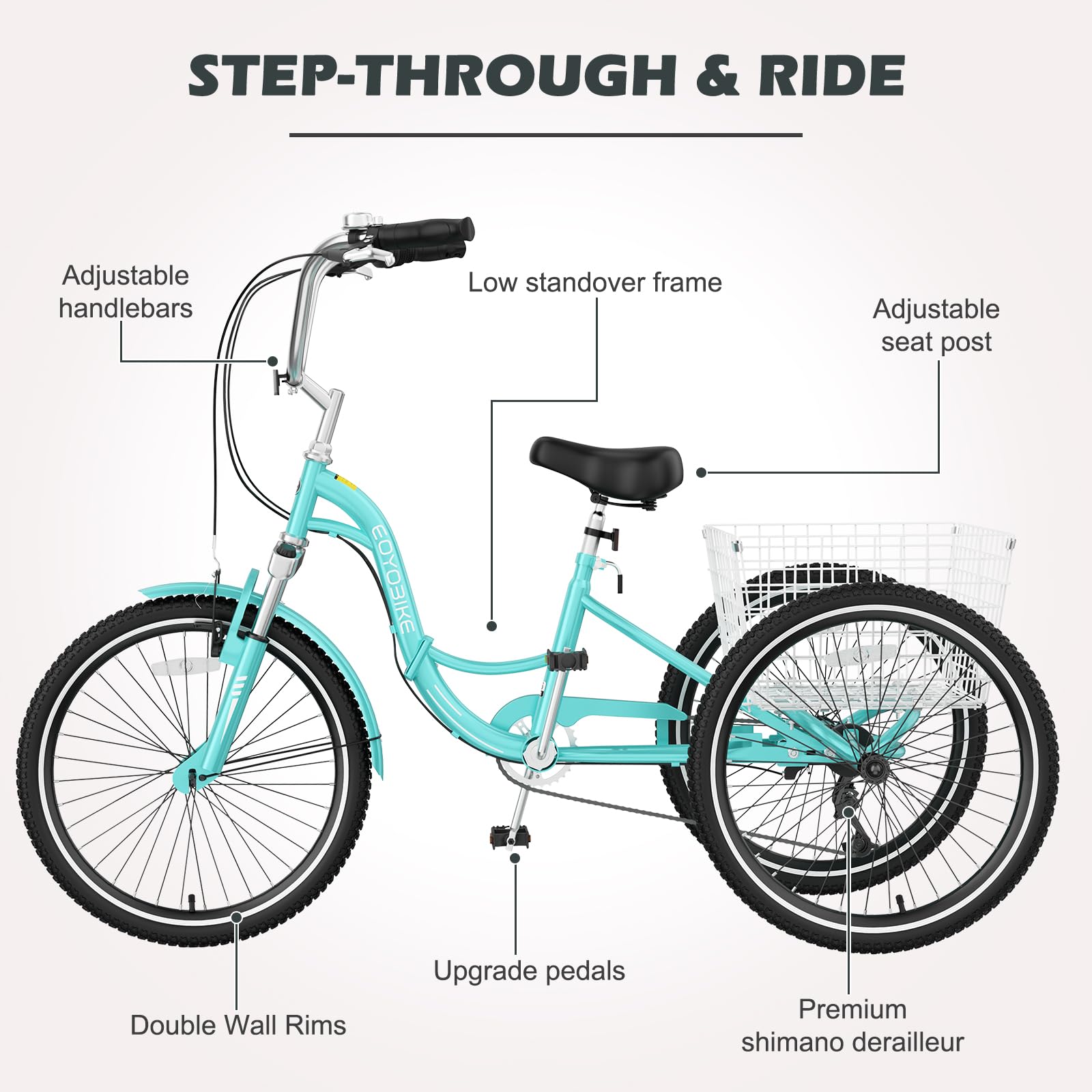 H&ZT Adult Tricycle, 3 Wheeled Bike, Trike Cruiser Bike, with 7-Speed Gear, Parking Brake Handle, Low Step, Large Rear Basket, Elderly Friendly, for Men, Women, and Teens