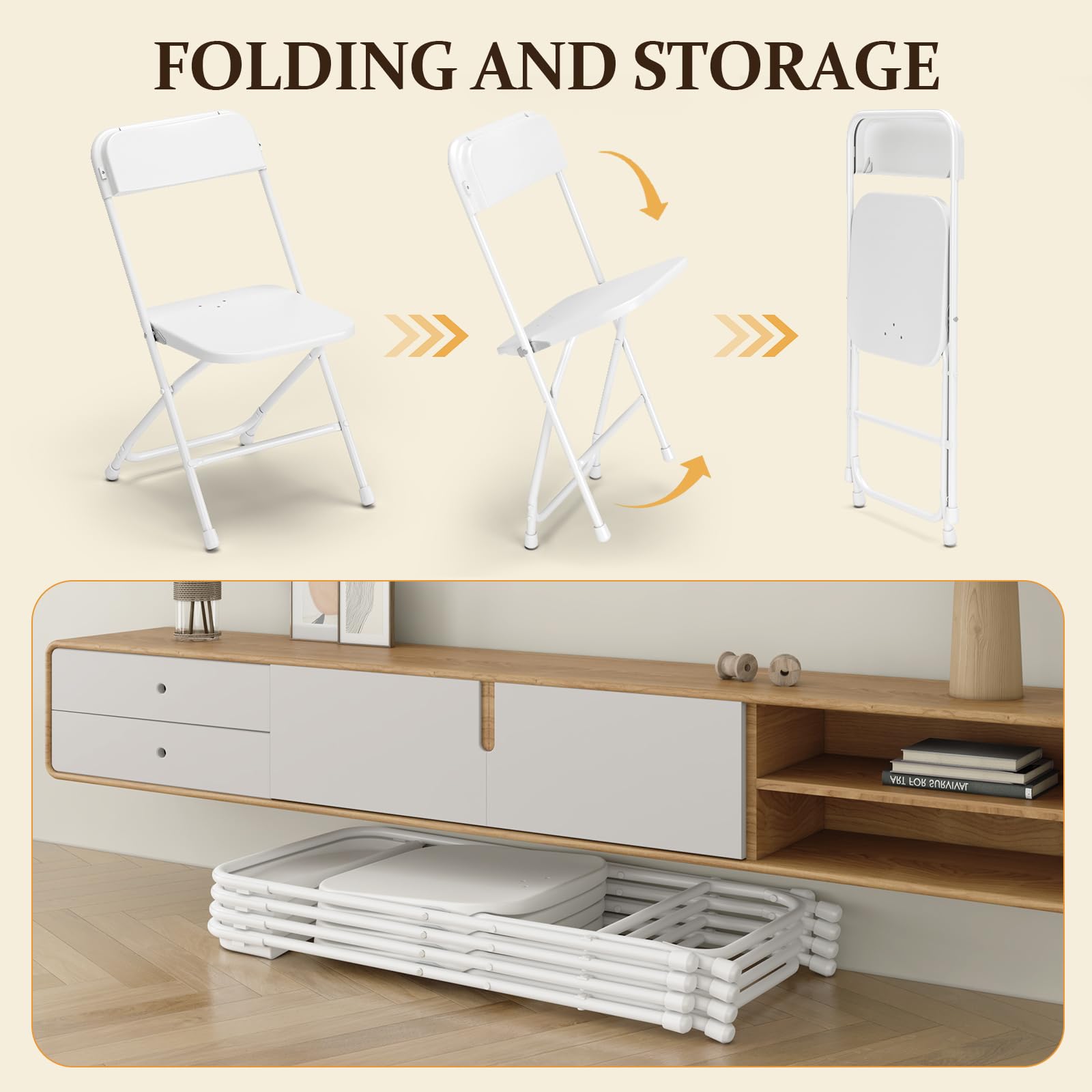 MuLu Evo 20 Pack Folding Chairs, Portable Party Chairs, Stackable Commercial Seat with Steel Frame, White Plastic Seat, Capacity for 350lb, for Office Wedding Party Patio Dining Events