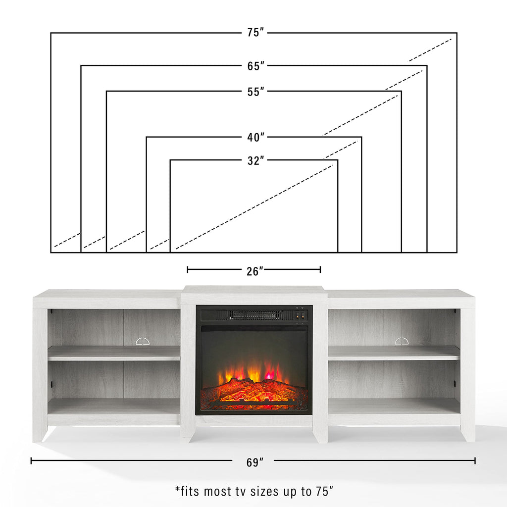Crosley Furniture Ronin Low Profile Fireplace TV Stand for 75+ inch TVs, Entertainment Center with Shelves, Whitewash