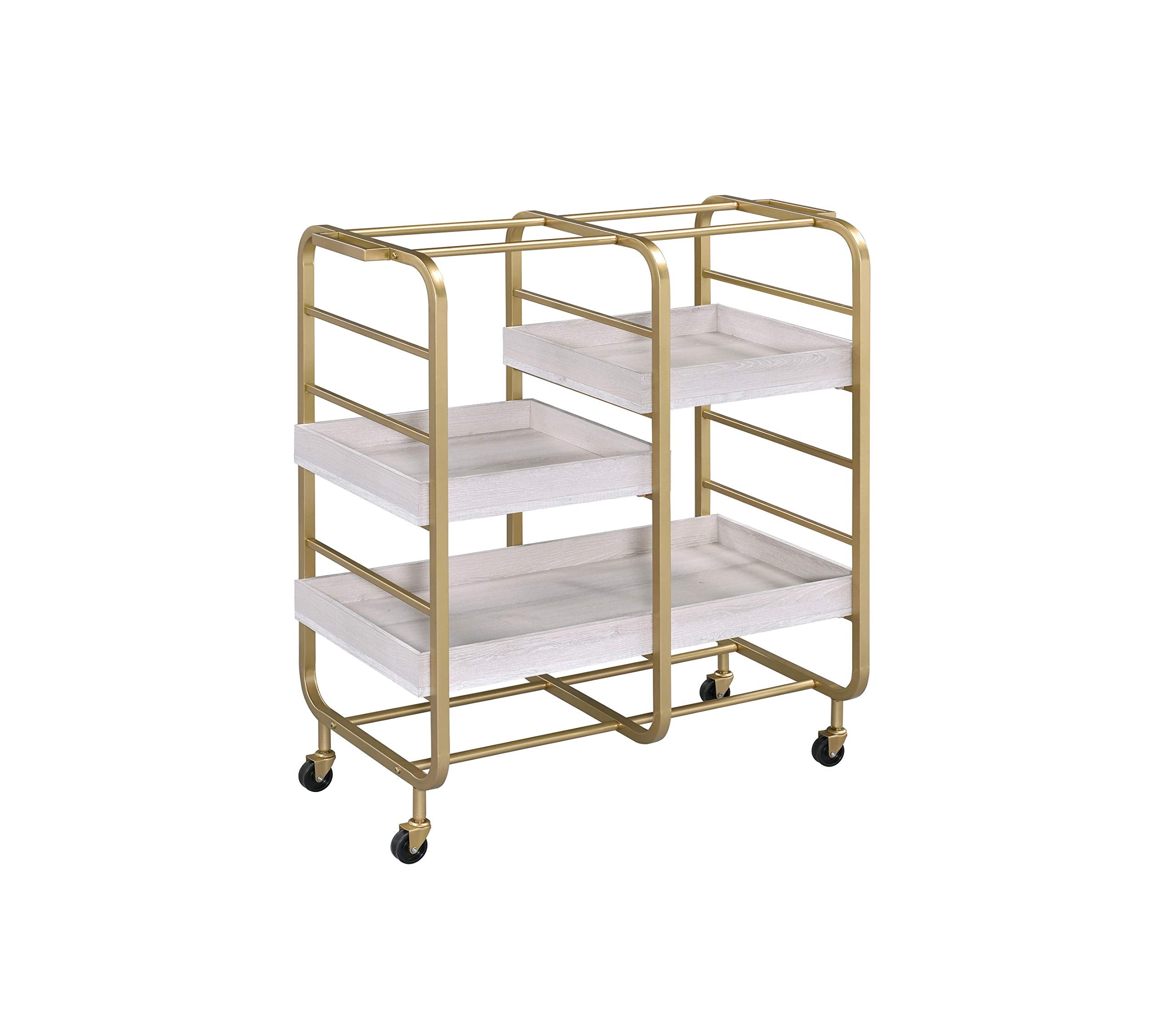 GOLGAILY 34" W x 17" D x 38" H Gold & White Washed Finish Serving Cart with 3 Open Compartments and Adjustable Trays
