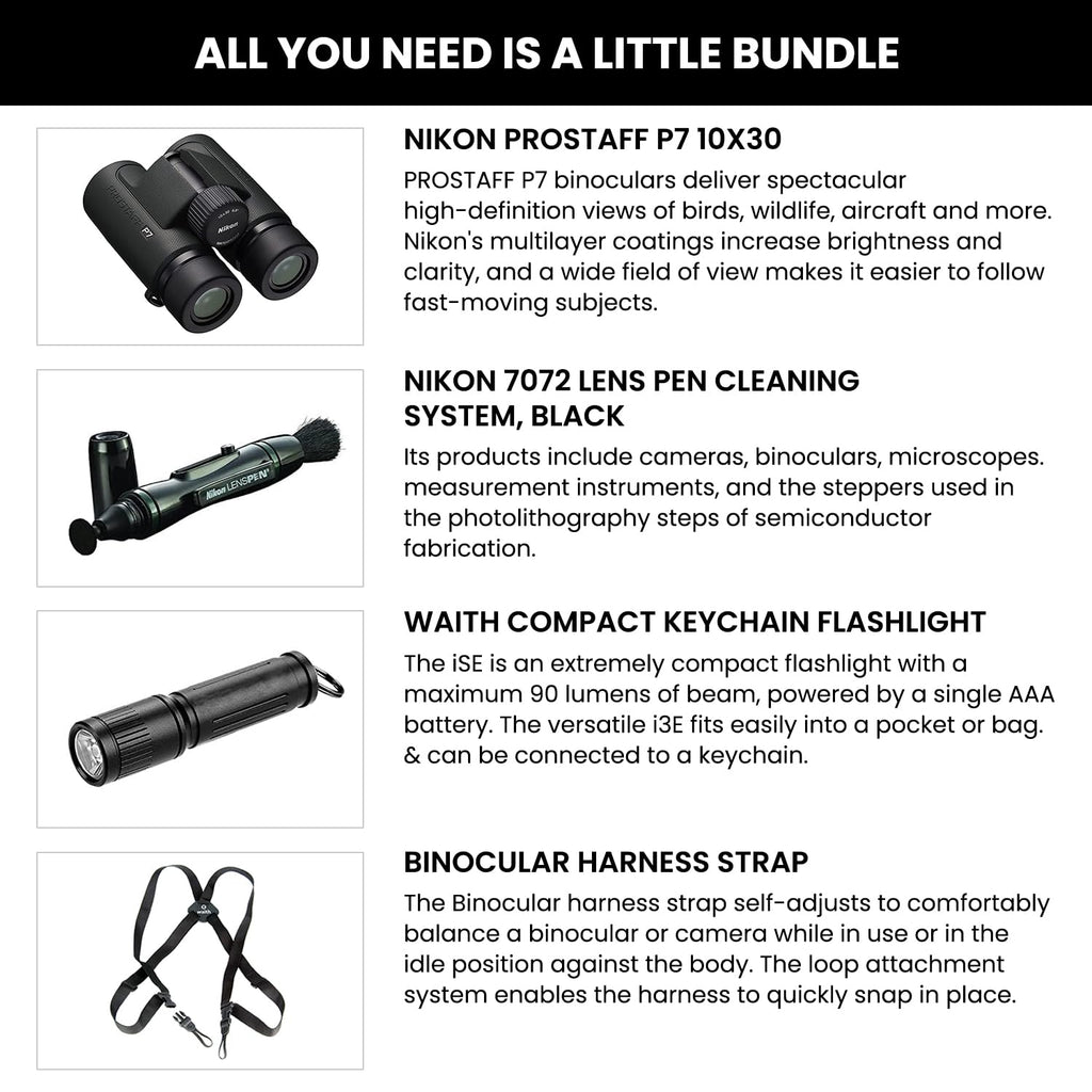 Nikon PROSTAFF P7 10x30 Waterproof Binocular for Adults | Small & Compact Travel Binoculars for Bird Watching | Binocular Harness Strap, Lens Pen Cleaning System, & Flashlight Bundle Set