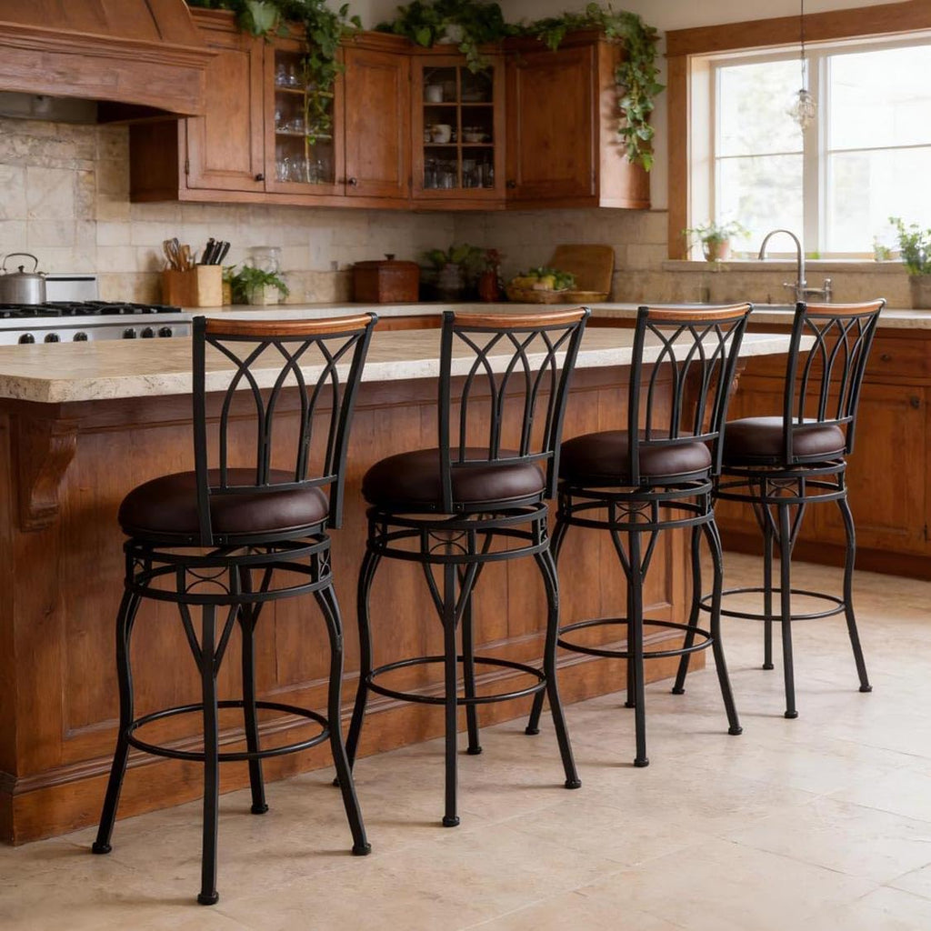 MIITODAY Farmhouse Swivel Bar Stools with Backs Set of 2, Adjustable 25"/30" Industrial Counter & Bar Chairs with Brown PU Leather, Antique Brass Metal, Vintage Rustic Wood for Kitchen, Pub, Bistro