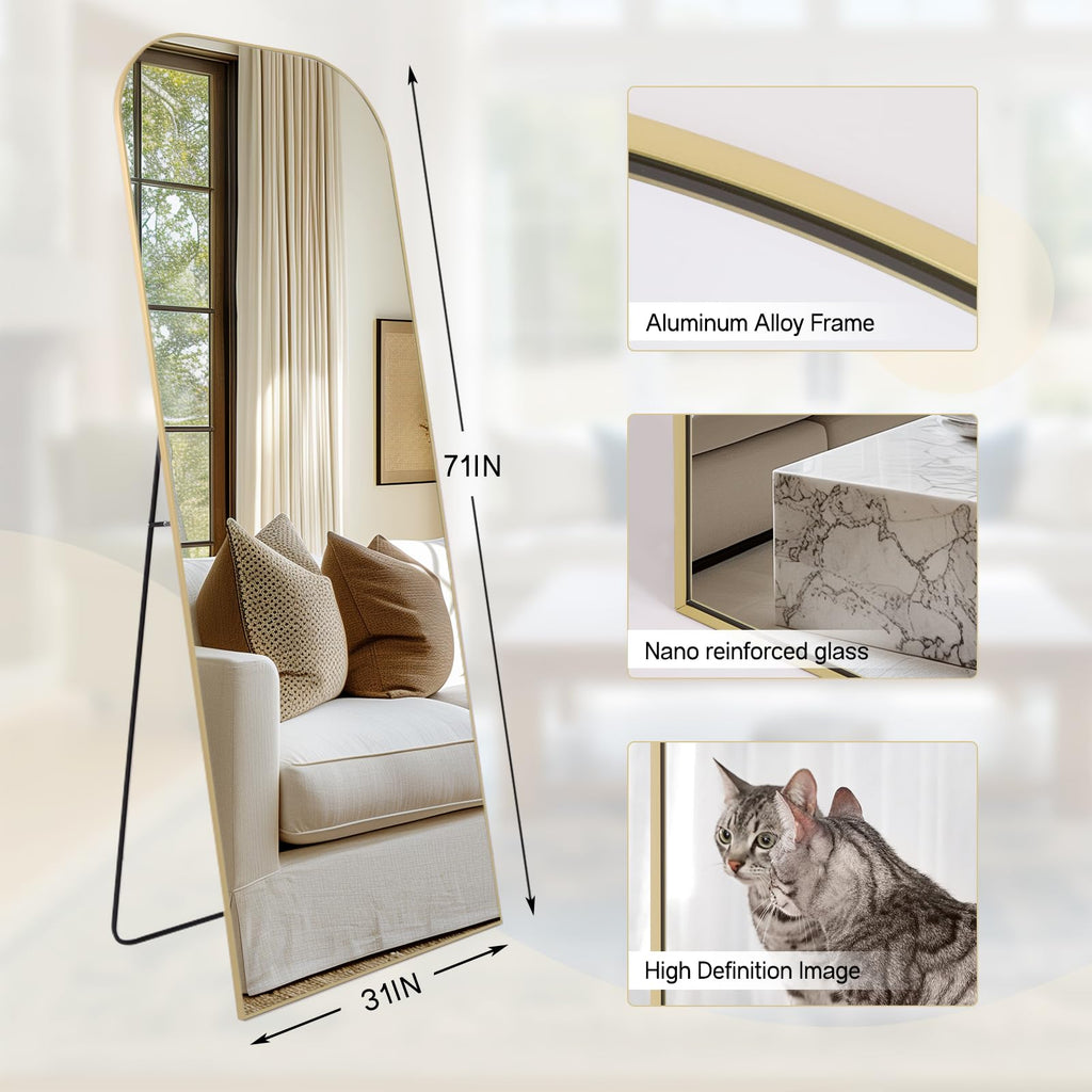 Anpark Oversized Floor Mirror - 71"x30" Arched Freestanding Full Body Mirror with Stand, Hanging or Wall Mounted for Living Room, Bedroom - Gold