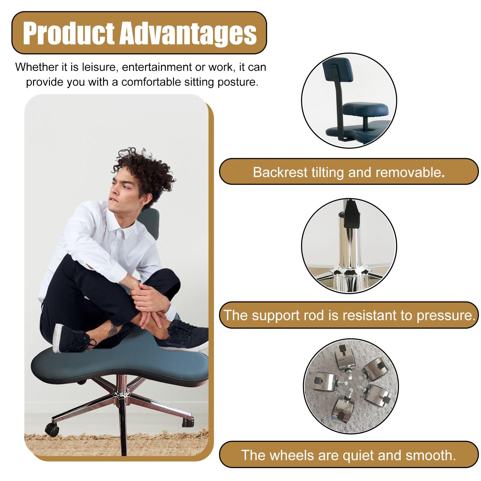 Office Chair Cross Legged Chair，Office Worker Leisure Chair with Footstool, Cross Legged Sitting Stool Chairs for Meditation Relax, Ergonomic Kneeling Seat for Office w/Back Support(Blue)