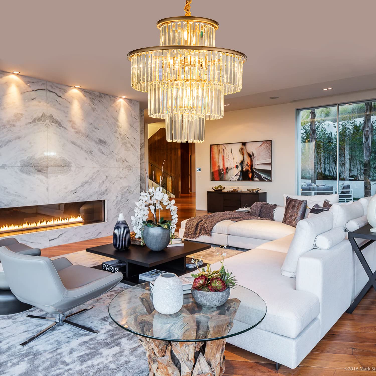 lighceac 23" 14-Light Modern Crystal Chandelier Light Fixtures 4-Tier Gold Luxury Chandeliers for Dining Room Round Hanging Pendant Lighting for Living Room Kitchen Entryway Bedroom Foyer Hallway