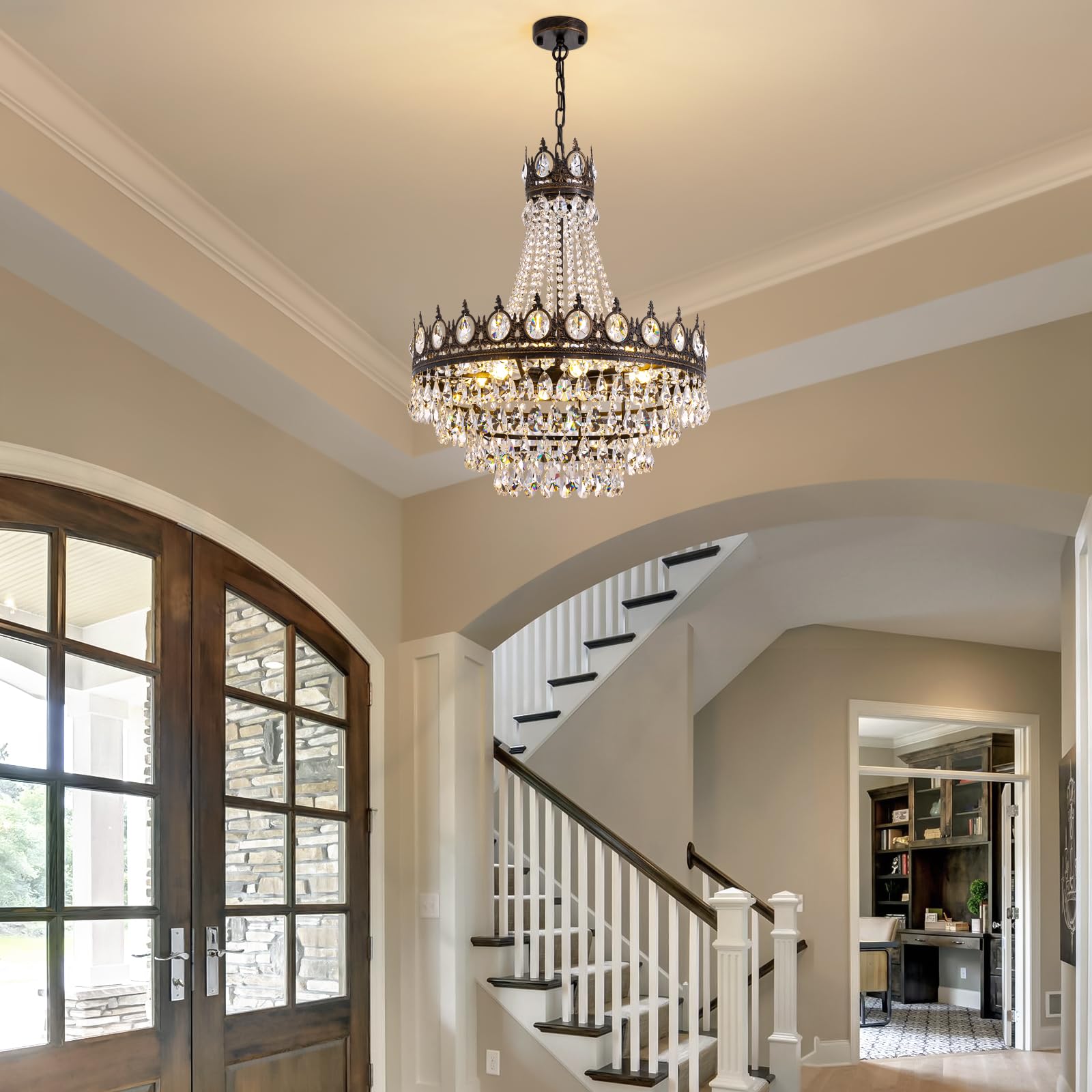 7PM French Empire Crystal Chandeliers, Vintage Crystal Chandelier, Antique Bronze Chandelier, Rustic Farmhouse Ceiling Light Fixture for Dining Room Bedroom Living Room Kitchen Foyer, W 24"
