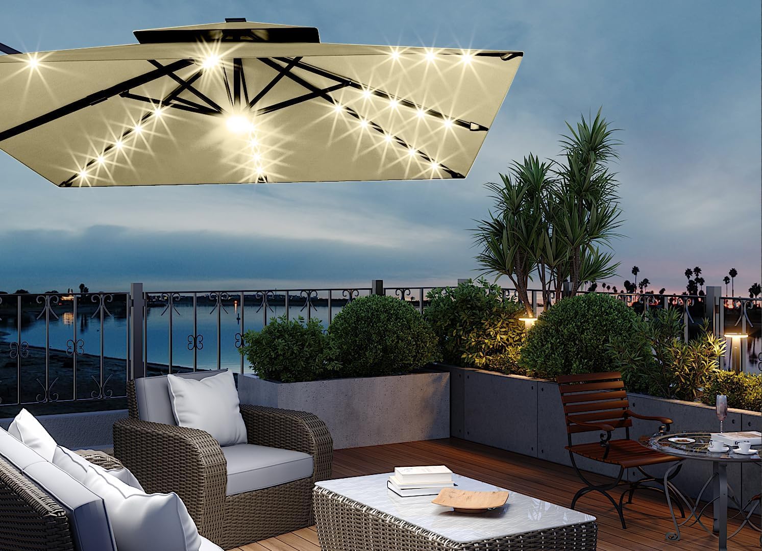 ActiveTrail 10ft Cantilever Patio Umbrella with Solar Lights & Base Included, 360° Rotation, Easy Crank Tilt, UV50+ Outdoor Umbrella—LED Lighting, Wind Vent, Offset Shade for Deck, Pool, or Backyard