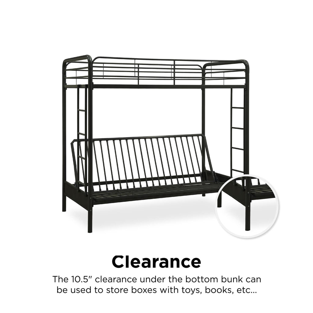 DHP Twin-Over-Futon Convertible Couch and Bed with Metal Frame, Ladder and Guardrails - Black
