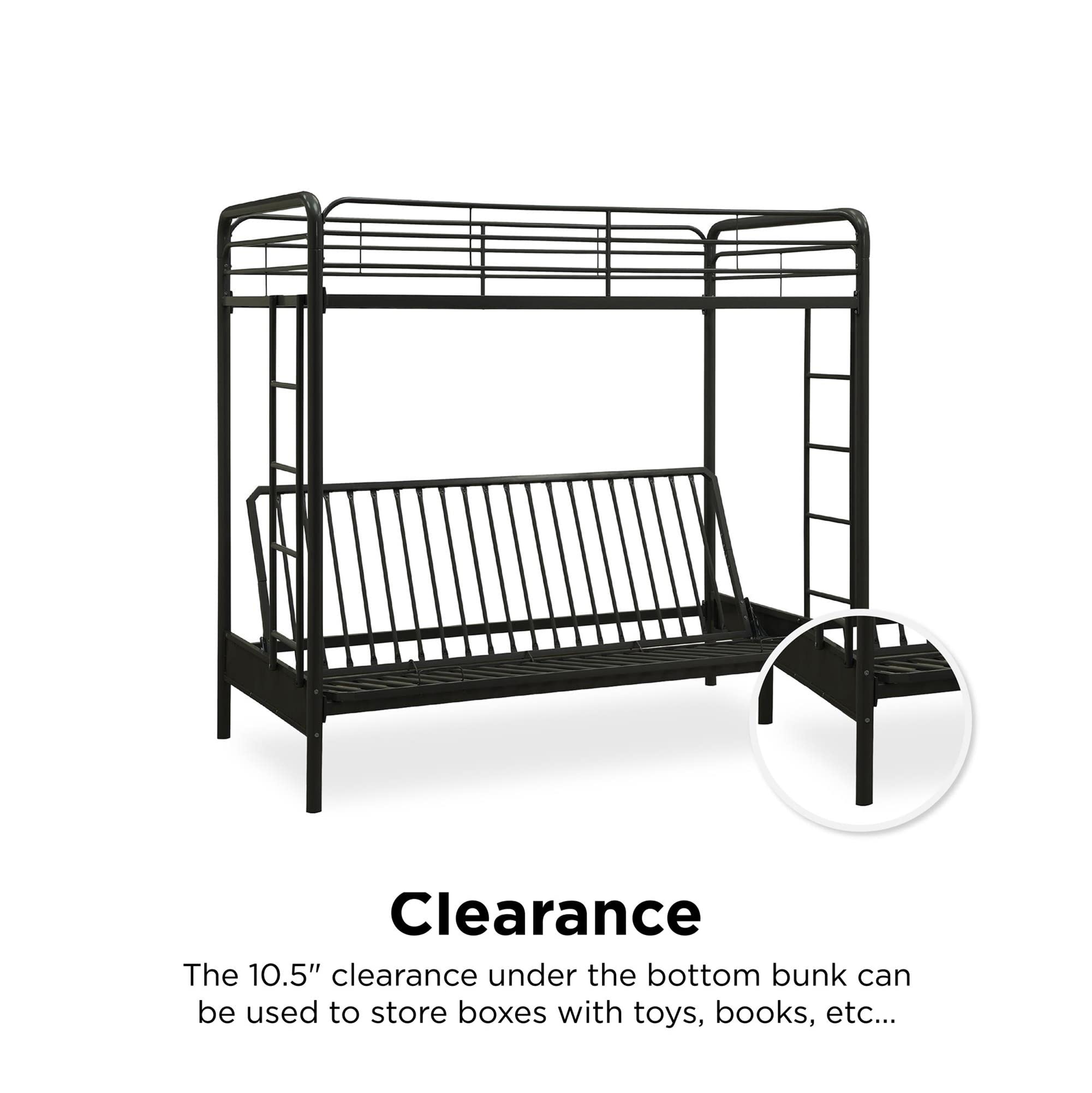 DHP Twin-Over-Futon Convertible Couch and Bed with Metal Frame, Ladder and Guardrails - Black