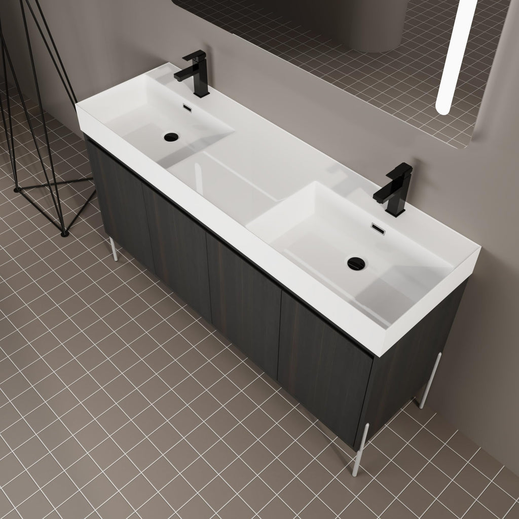 KEIKI 60" Freestanding Bathroom Vanity with Resin Double Sink, Modern Bathroom Storage Cabinet with Soft Closing Doors & Solid Metal Legs, 60 inches Double Sink Bathroom Vanity with 45° Bevel Handle