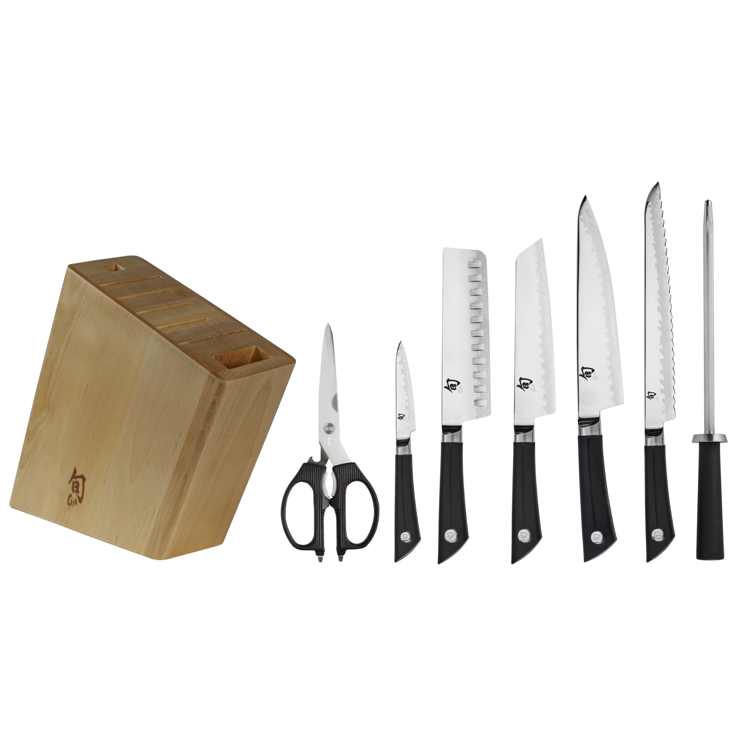 Shun Sora 8 Piece Block Set, Includes 8" Chef's, 3.5" Paring, 6.5" Utility, 6" Nakiri Knife & More, Handcrafted Japanese Knife Set, VG10 Core and 420J Stainless Steel Upper Blades, Balanced Handles