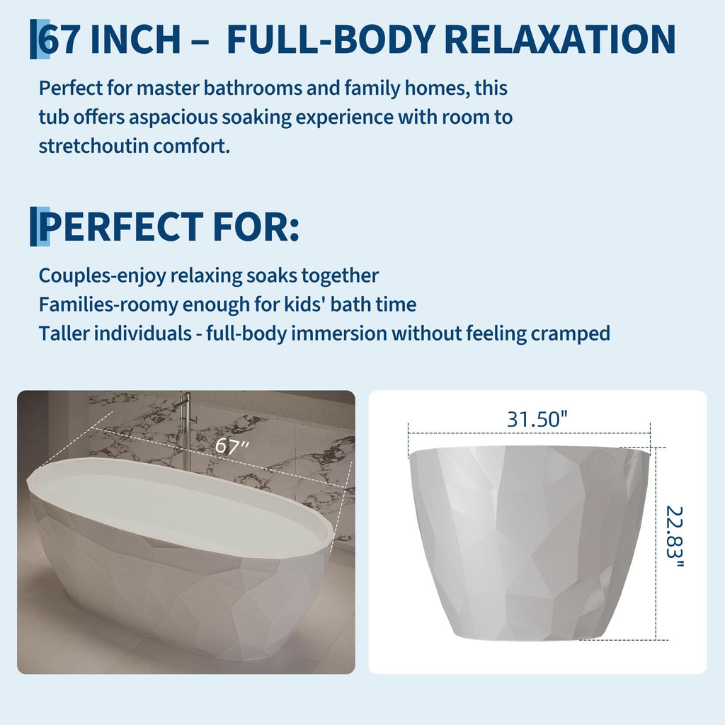 GarveeHome 67 Inch Acrylic Freestanding Bathtub with Diamond-Look Glossy Finish – Modern Deep Soak All White Luxury Tub Featuring Chrome Pop-Up & Overflow Drain for Bathrooms