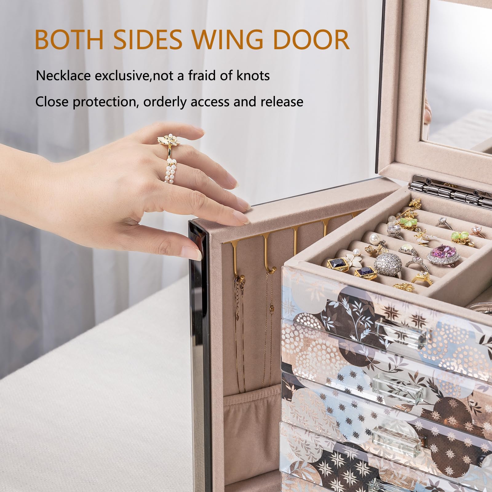 Homruilink High End Glass Jewelry Box, 5 Layer Jewelry Organizer for Women, Side Doors & Mirror, Velvet-Lined Storage for Rings & Necklaces, Ideal Gift (Geometric Floral)