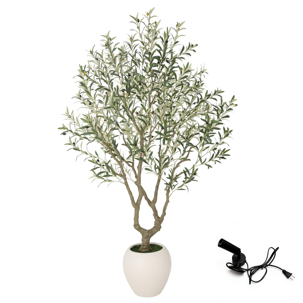 Bellacat 7ft Faux Olive Tree with Warm White Spotlight & 15''D x 13.5''H Large White Planter, 84in Fake Olive Tree with Lifelike Leaves& Fruits, Artificial Olive Tree Indoor for Home & Office Decor