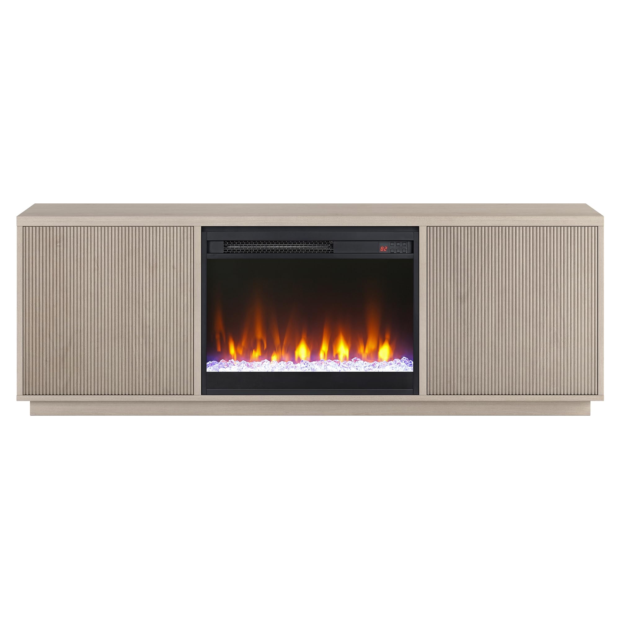 Henn&Hart Fluted TV Stand for TVs up to 75" with 26" Electric Crystal Rocks Fireplace and Ribbed Side Storage Cabinets for Living Room, Family Room, or Office, Beech White