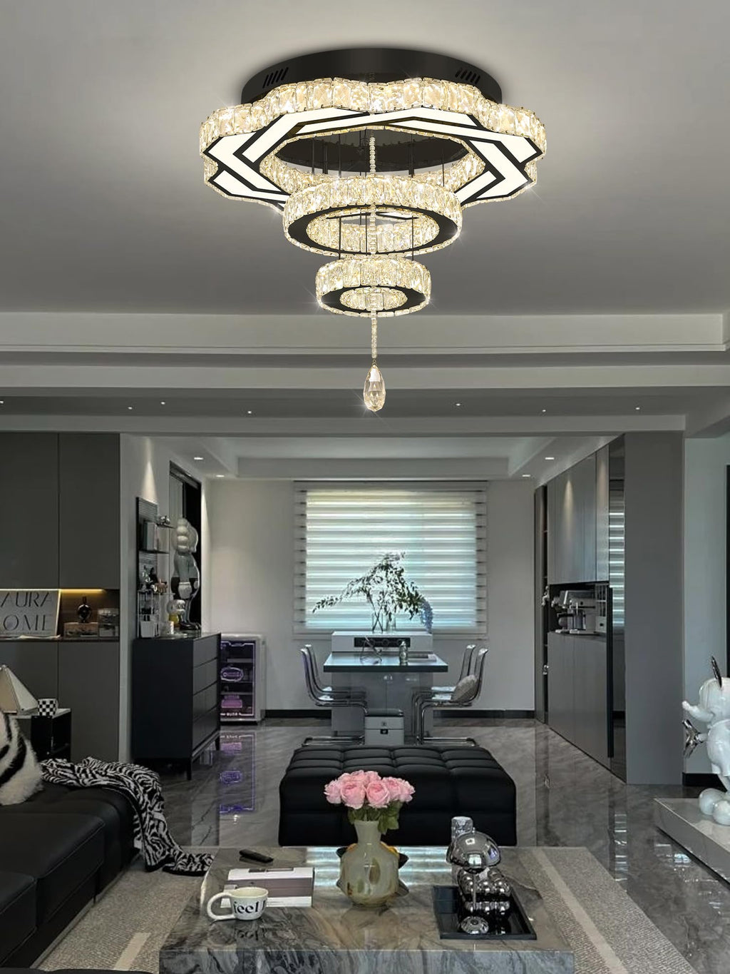Flashing God Modern Crystal Chandeliers Dia 24" Black Chandelier Flush Mount Ceiling Light for Bedroom Living Room Dining Room Hallway Dimmable 3 Rings LED Celing Lighting Fixtures