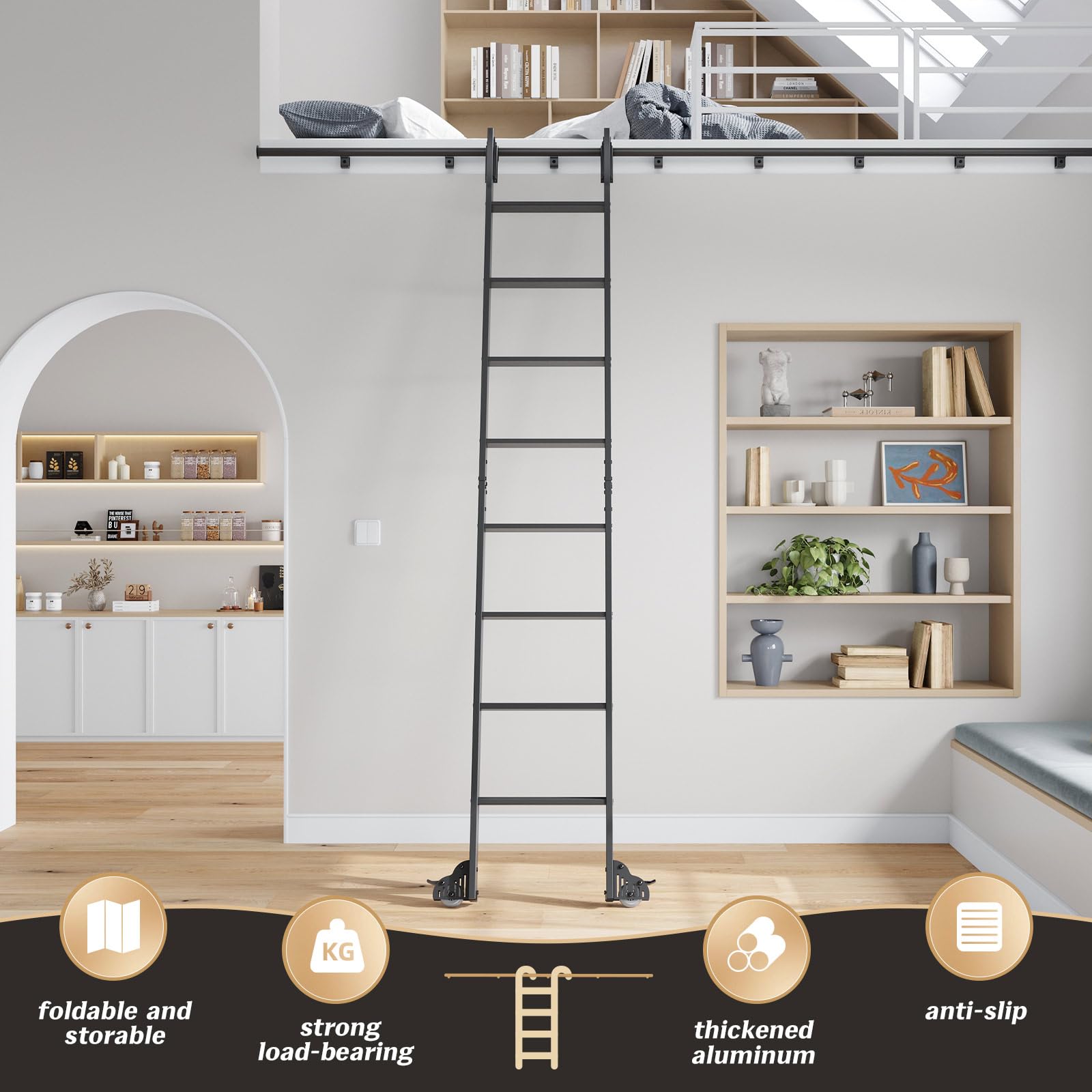 Fredbeck 9FT Rolling Library Aluminium Step Ladder 108" with 4FT Sliding Hardware Track Kit Bottom Wheel Included,for Kitchen,Loft,Warehouses,Bookstore,Atti,Dressing Room,Metal Black