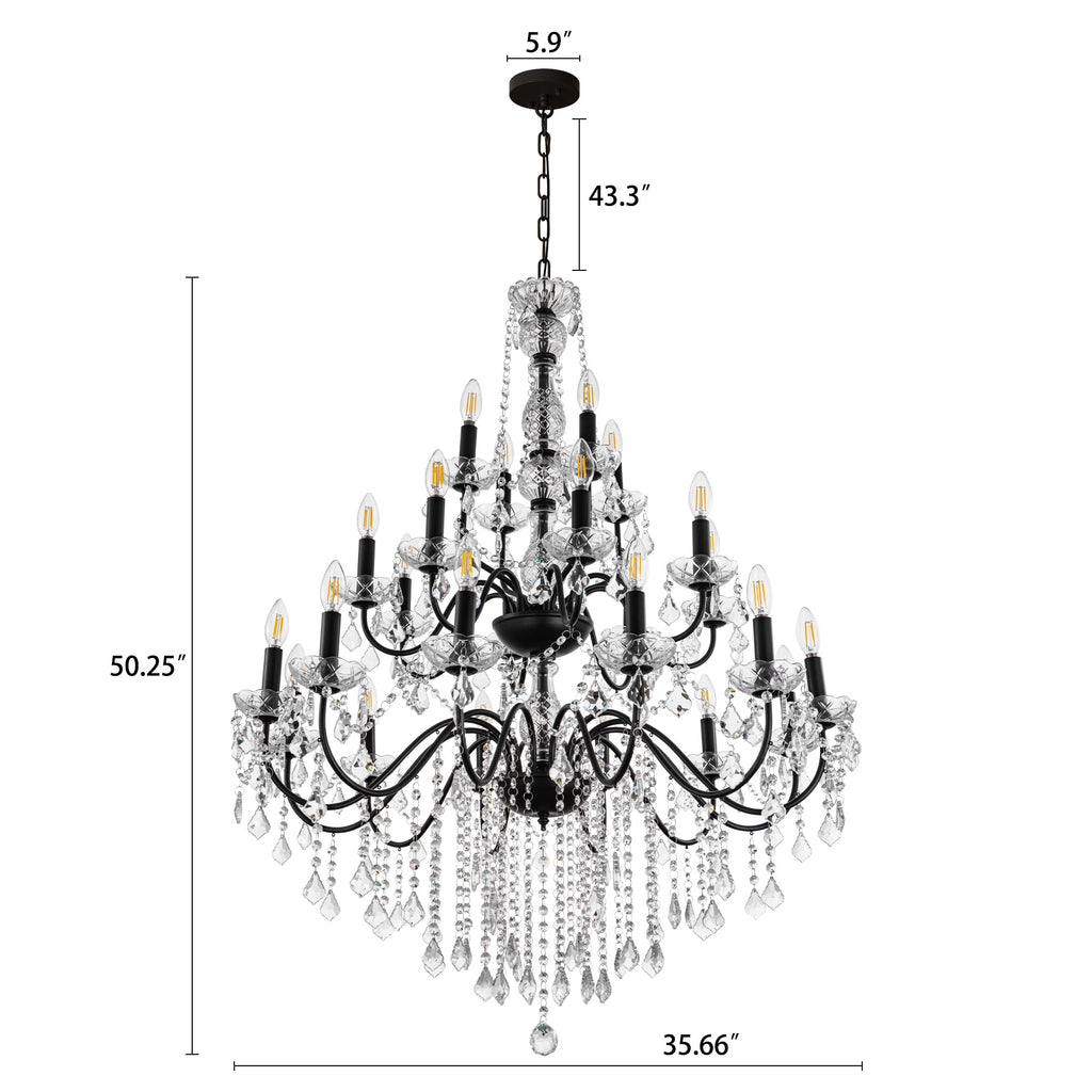 Wellmet Black Chandelier Light Fixture, Luxury Maria Theresa Crystal Chandeliers for High Ceiling Foyer, 24 Lights Hanging Pendant Light for Living Room EntryWay Hall Staircase Large 35.66" (Black)