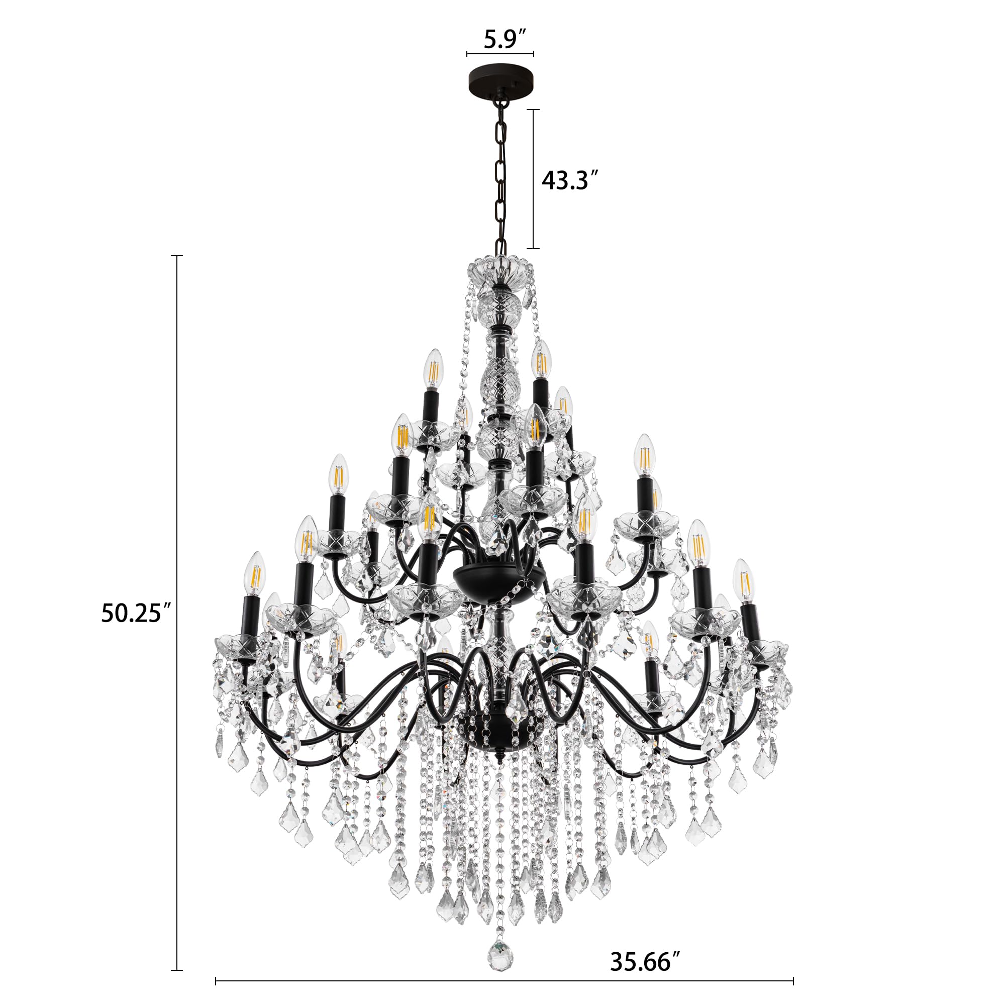 Wellmet Black Chandelier Light Fixture, Luxury Maria Theresa Crystal Chandeliers for High Ceiling Foyer, 24 Lights Hanging Pendant Light for Living Room EntryWay Hall Staircase Large 35.66" (Black)