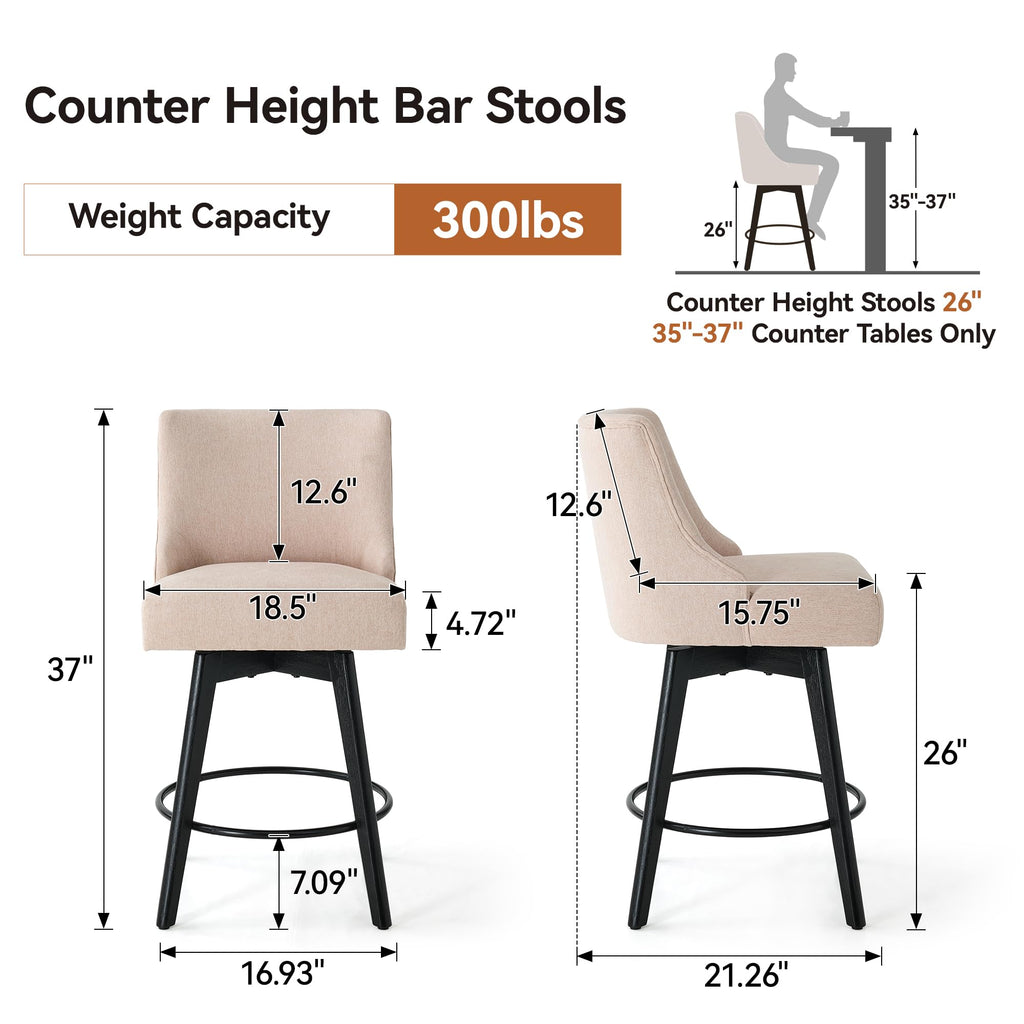 Vipbear Counter Height Bar Stools Set of 3, 26" H Swivel Bar Stools with Backs, Linen Fabric Upholstered Bar Chairs with Solid Wood Legs for Kitchen Island, Dining Room, Home Bar, Beige