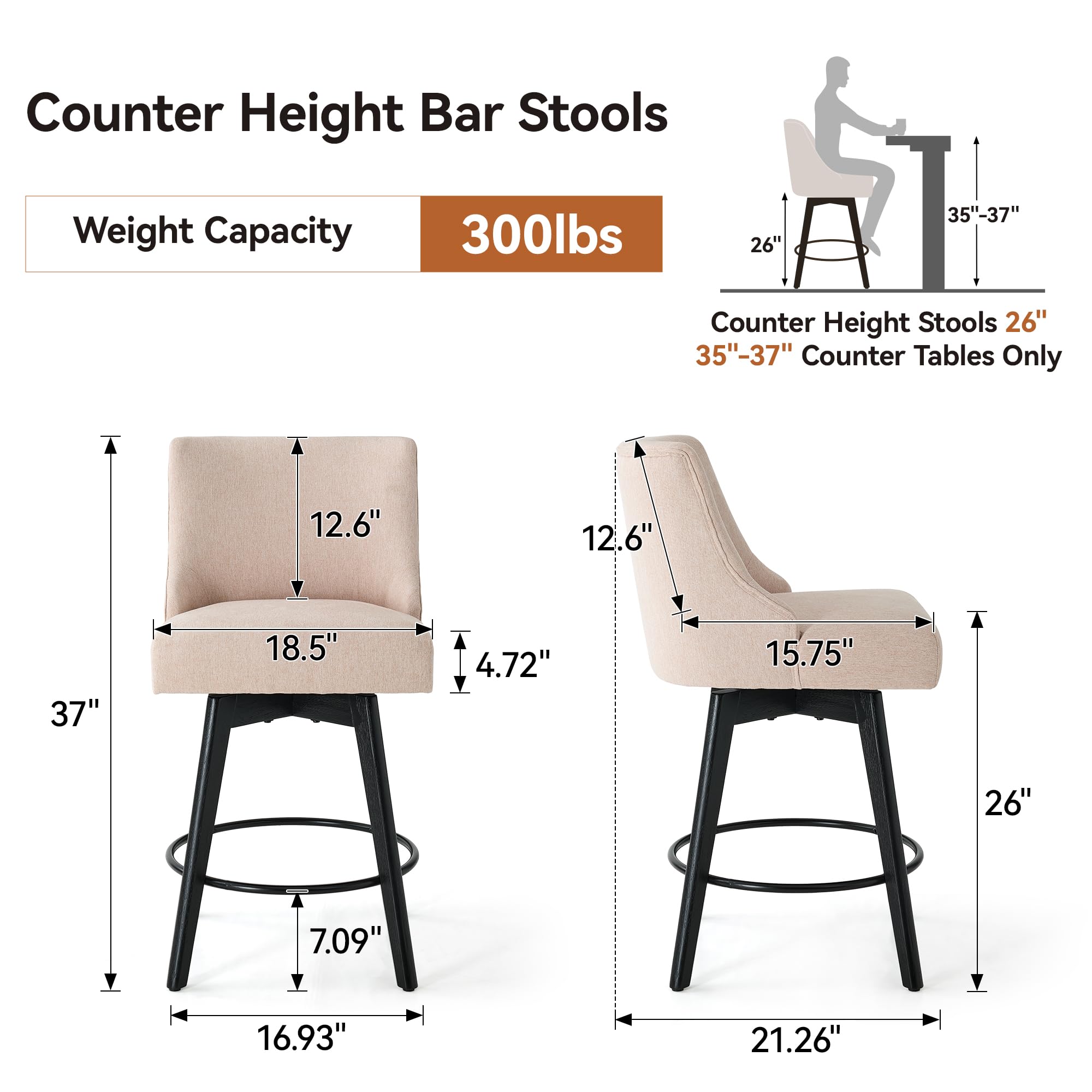Vipbear Counter Height Bar Stools Set of 3, 26" H Swivel Bar Stools with Backs, Linen Fabric Upholstered Bar Chairs with Solid Wood Legs for Kitchen Island, Dining Room, Home Bar, Beige
