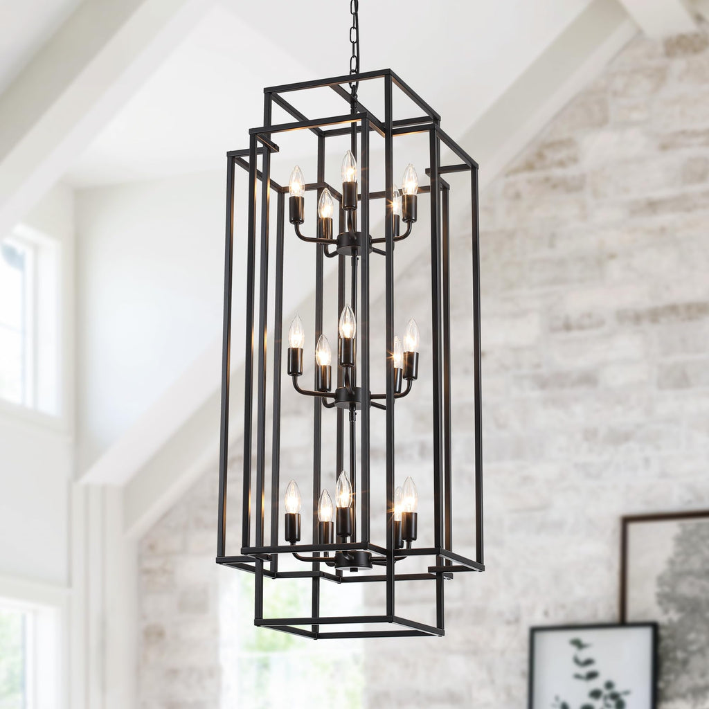 Xuridongsheng 15-Light Lantern Chandelier for Foyer Large Black High Ceiling Chandelier with 3-Tier Candle Design, Modern Farmhouse Entryway Lighting Fixture for Staircase, Two Story Living Room, E12