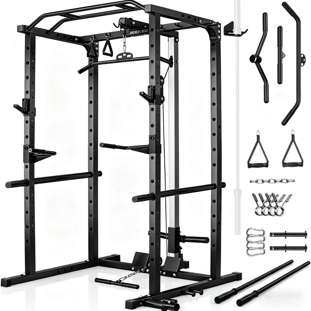 JEEKEE Power Rack with LAT Pulldown, 2000LBS Power Cage with Cable System, Multi-Function Squat Rack with J-Hooks, Safety Bars, Landmine, Pull Up Bar & Attachments for Home Gym Strength Training,Black
