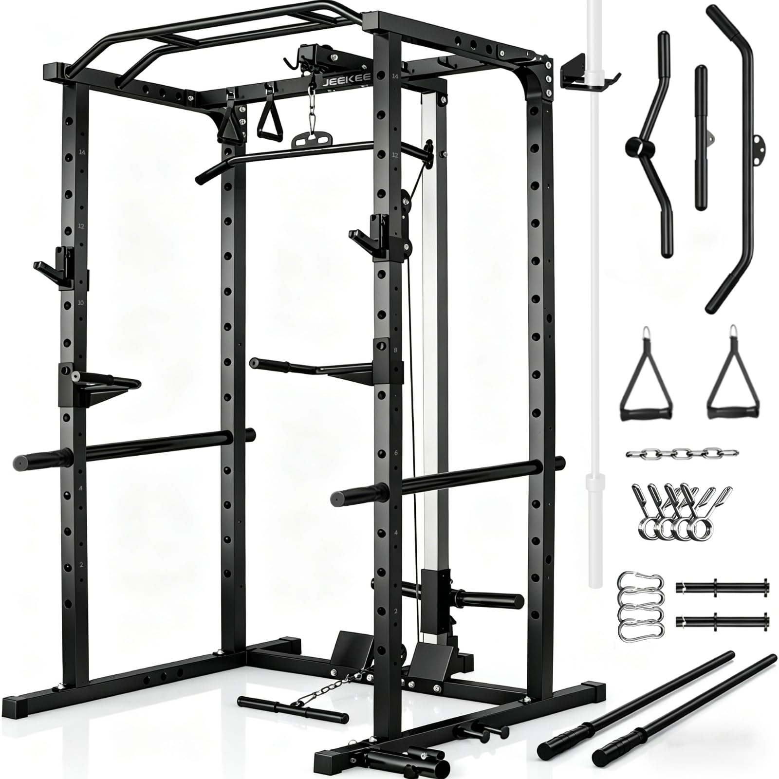 JEEKEE Power Rack with LAT Pulldown, 2000LBS Power Cage with Cable System, Multi-Function Squat Rack with J-Hooks, Safety Bars, Landmine, Pull Up Bar & Attachments for Home Gym Strength Training,Black