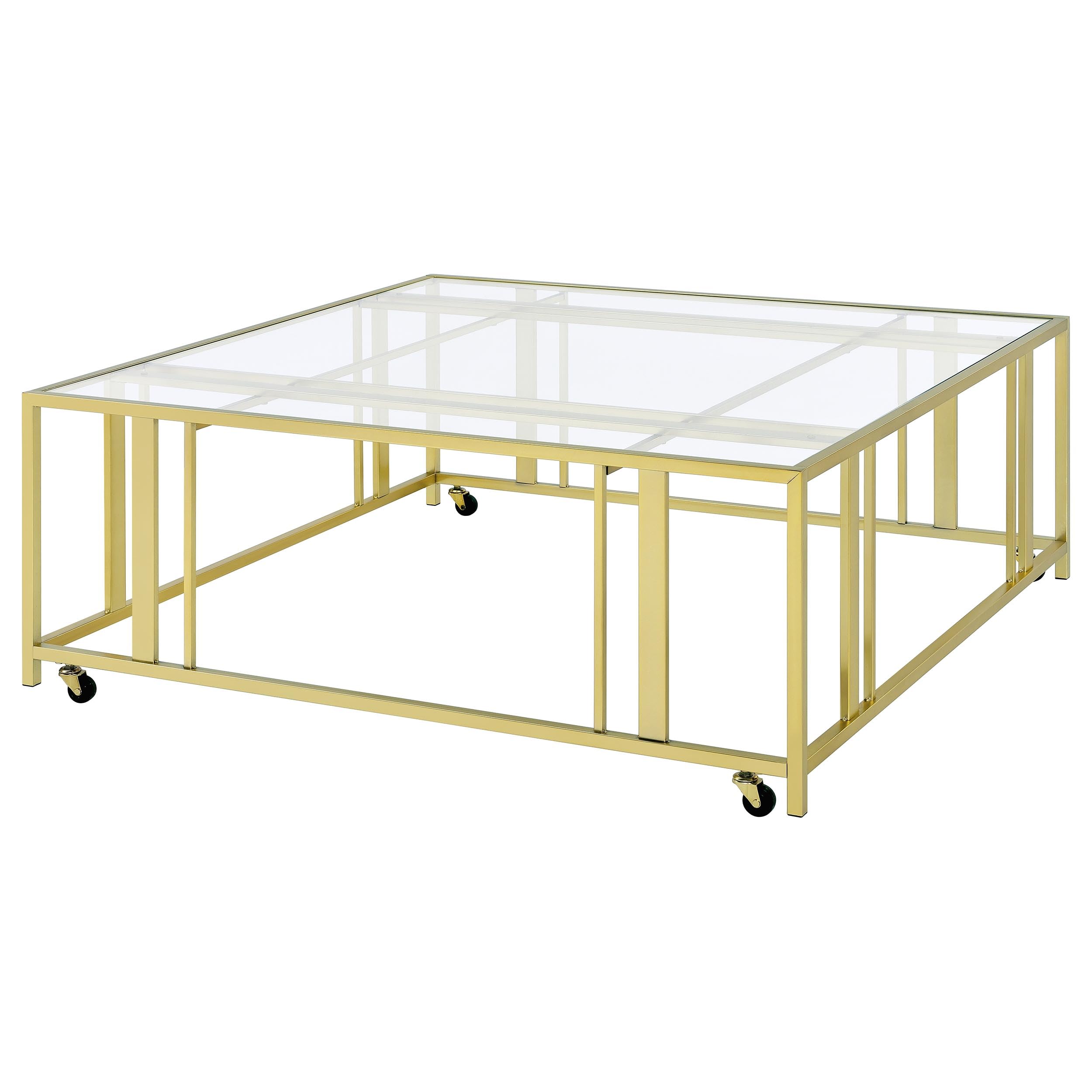 Coaster Home Furnishings - Adri - Square Glass Top Coffee Table with Geometric Base and Mobile with Rolling Casters - Contemporary - Living Room - Matte Brass - 710188