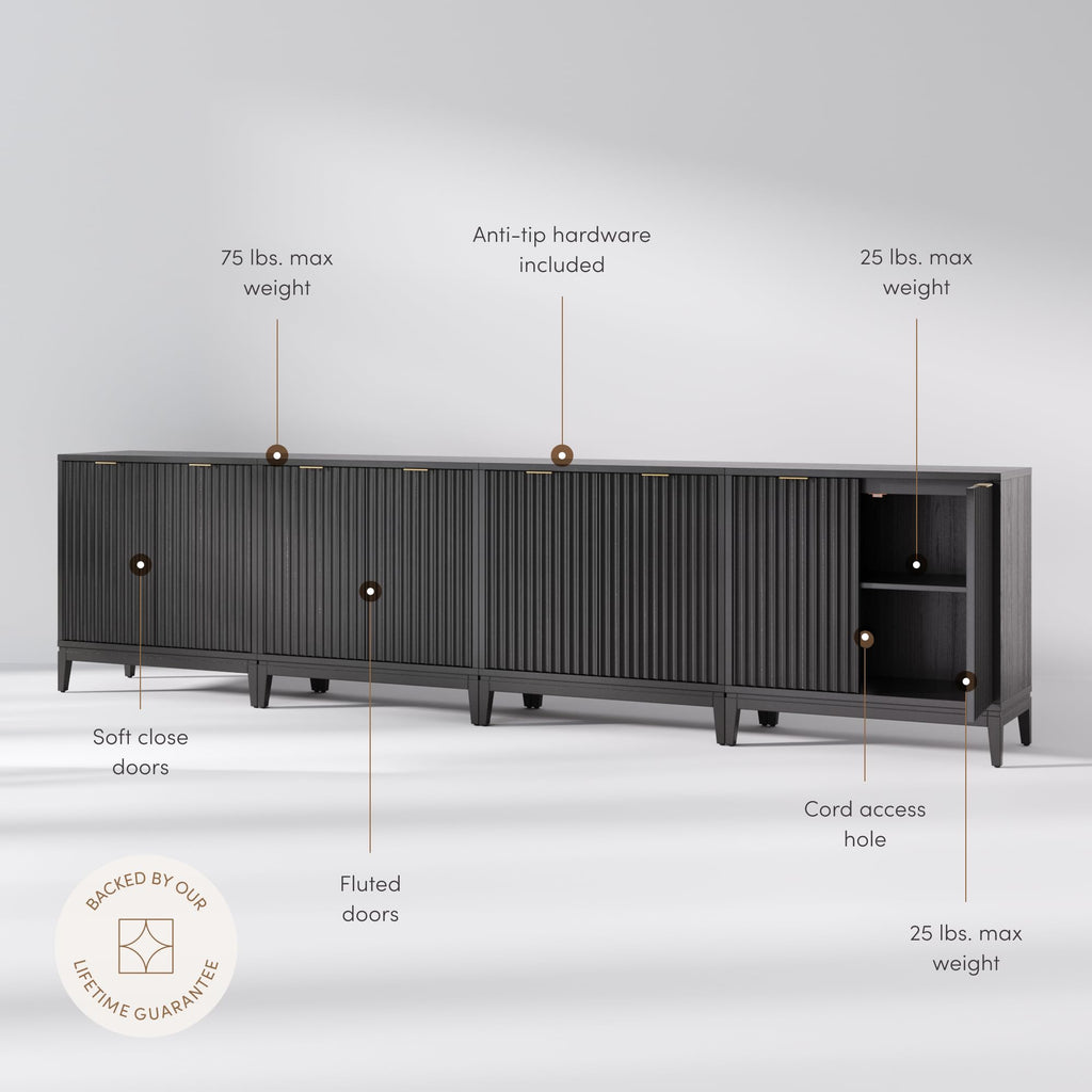 Nathan James Jasper Modern Sideboard, TV Stand with Fluted Doors, Accent Storage for Kitchen or Living Room, Black Oak, Set of 4